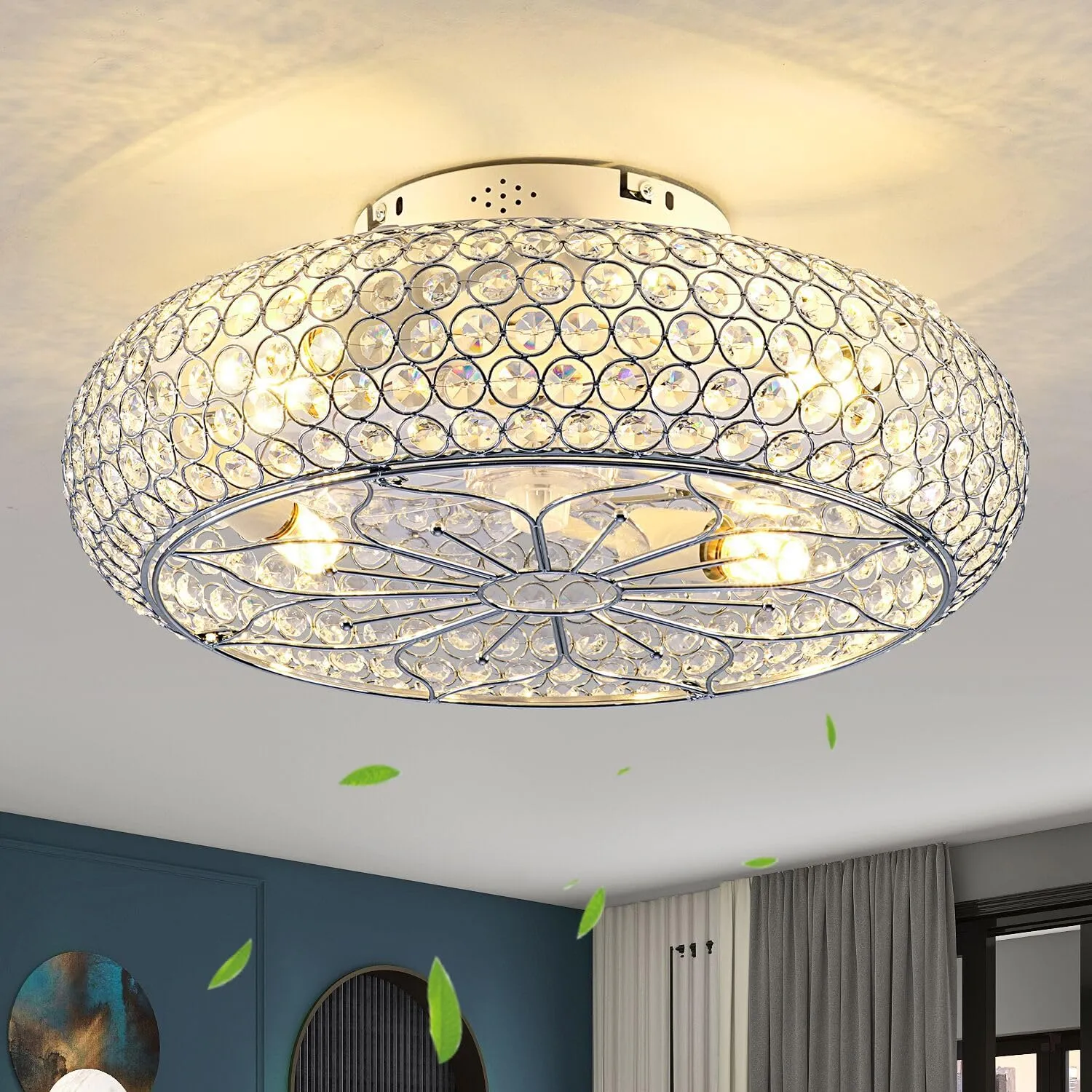 20" Crystal Ceiling Fan with Lights - Enclosed Bladeless Design, Reversible DC Motor & Remote, 6-Speed Quiet, Flush Mount Low Profile Electroplated Mirror Finish, for Bedroom/Living Room