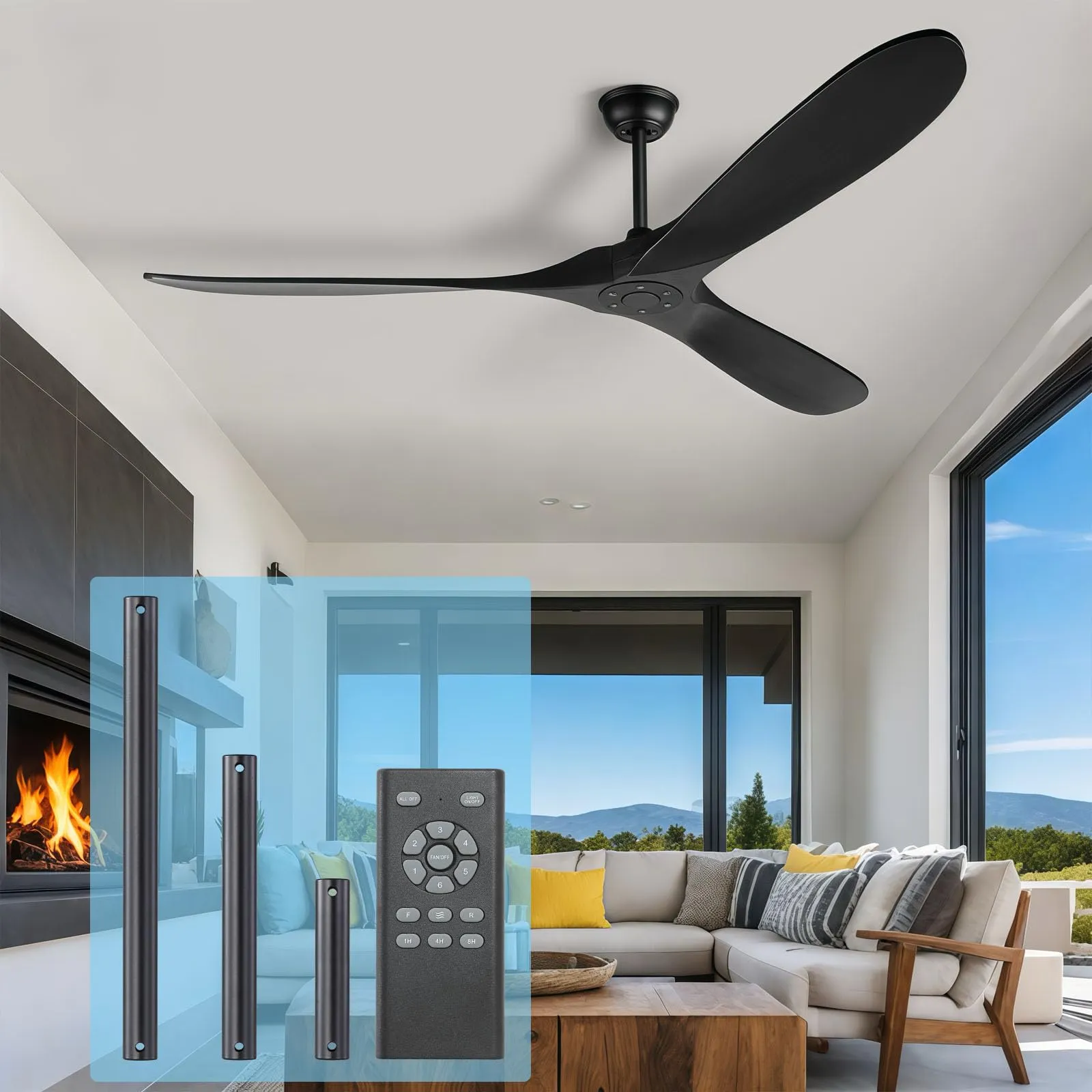 52 Inch Black Ceiling Fan No Light ,Wood Outdoor Ceiling Fans for Patios 3 Blade Propeller Reversible Modern Ceiling Fan Without Light for Living Room Bedroom with Remote