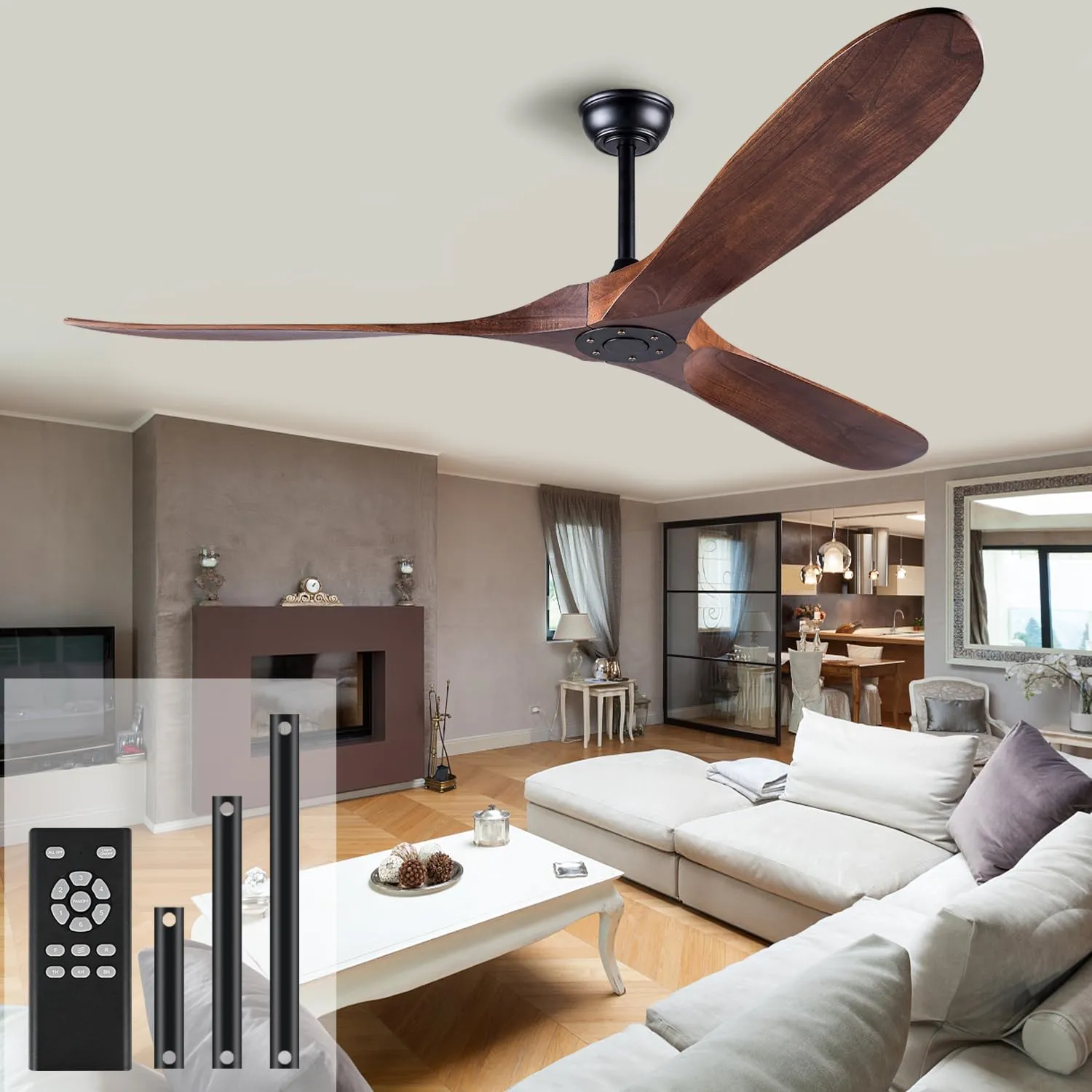 52 Inch Ceiling Fan No Light ，Wood Outdoor Ceiling Fans for Patios Living Room Bedroom 3 Blade Propeller Modern Ceiling Fan Without Light with remote Control(Walnut)