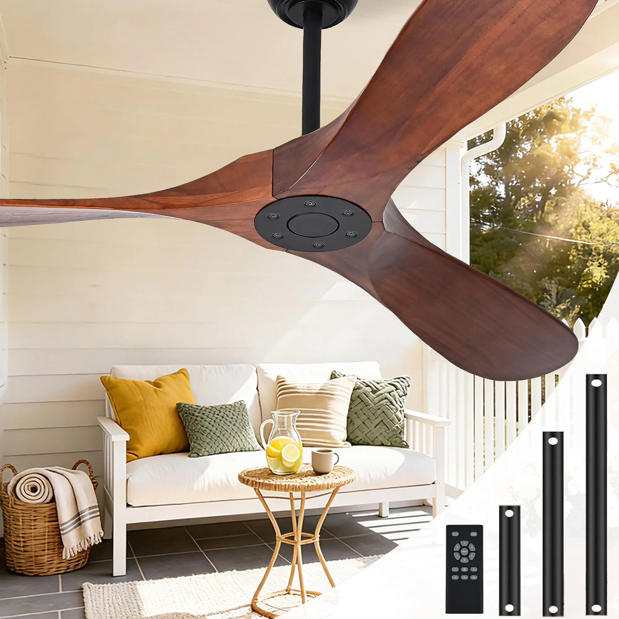 52 Inch Ceiling Fan No Light, Wood Outdoor Ceiling Fans for Patios Living Room Bedroom, Indoor Modern 3 Blade Propeller Wet Rated Ceiling Fan without Lights with Remote (Walnut)