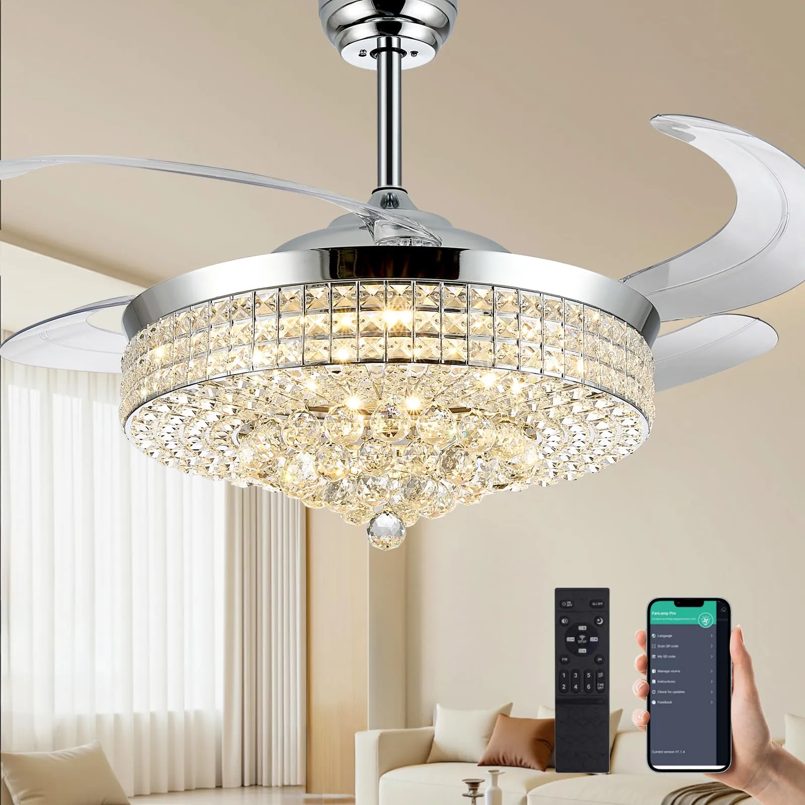 52 Inch Fandelier Ceiling Fan with Light, Chrome