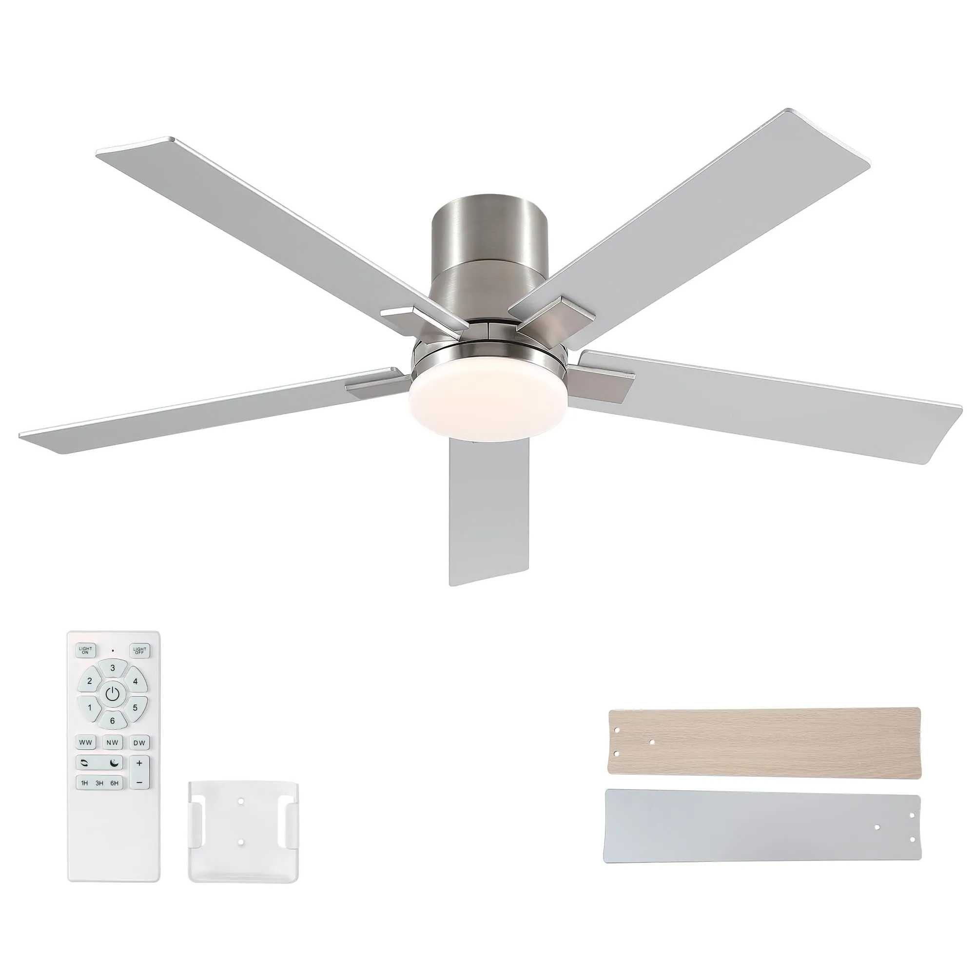 52 Inch Flush Mount Brushed Nickel Ceiling Fans with Lights and Remote