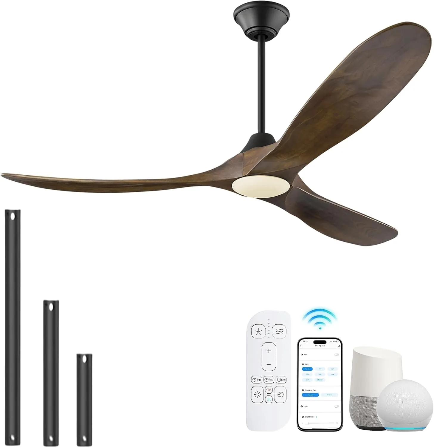 52 Inch Smart Ceiling Fan with Light, 3 Solid Wood Propeller Blades