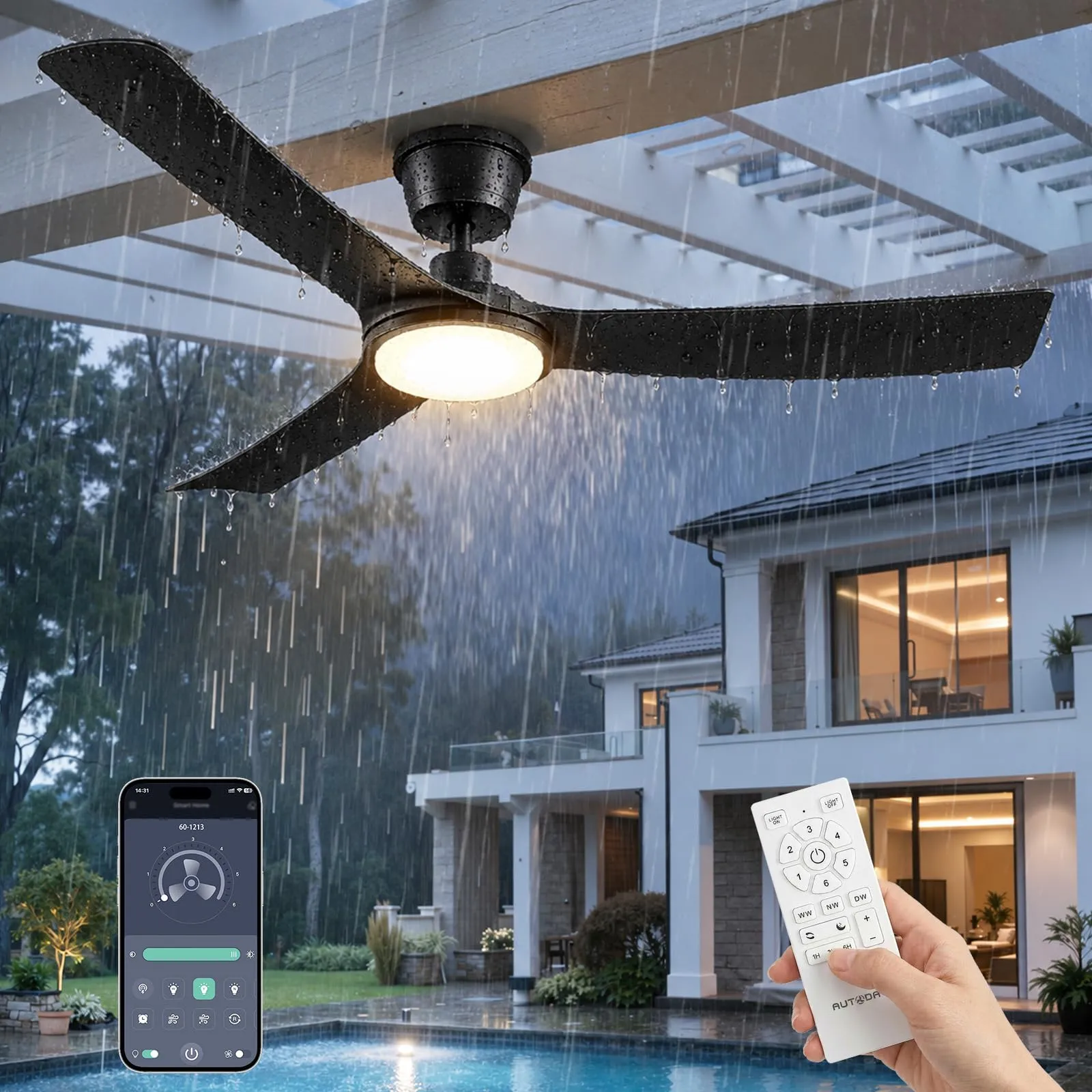 56" Outdoor Ceiling Fan with Light, IP66 Waterproof Ceiling Fans