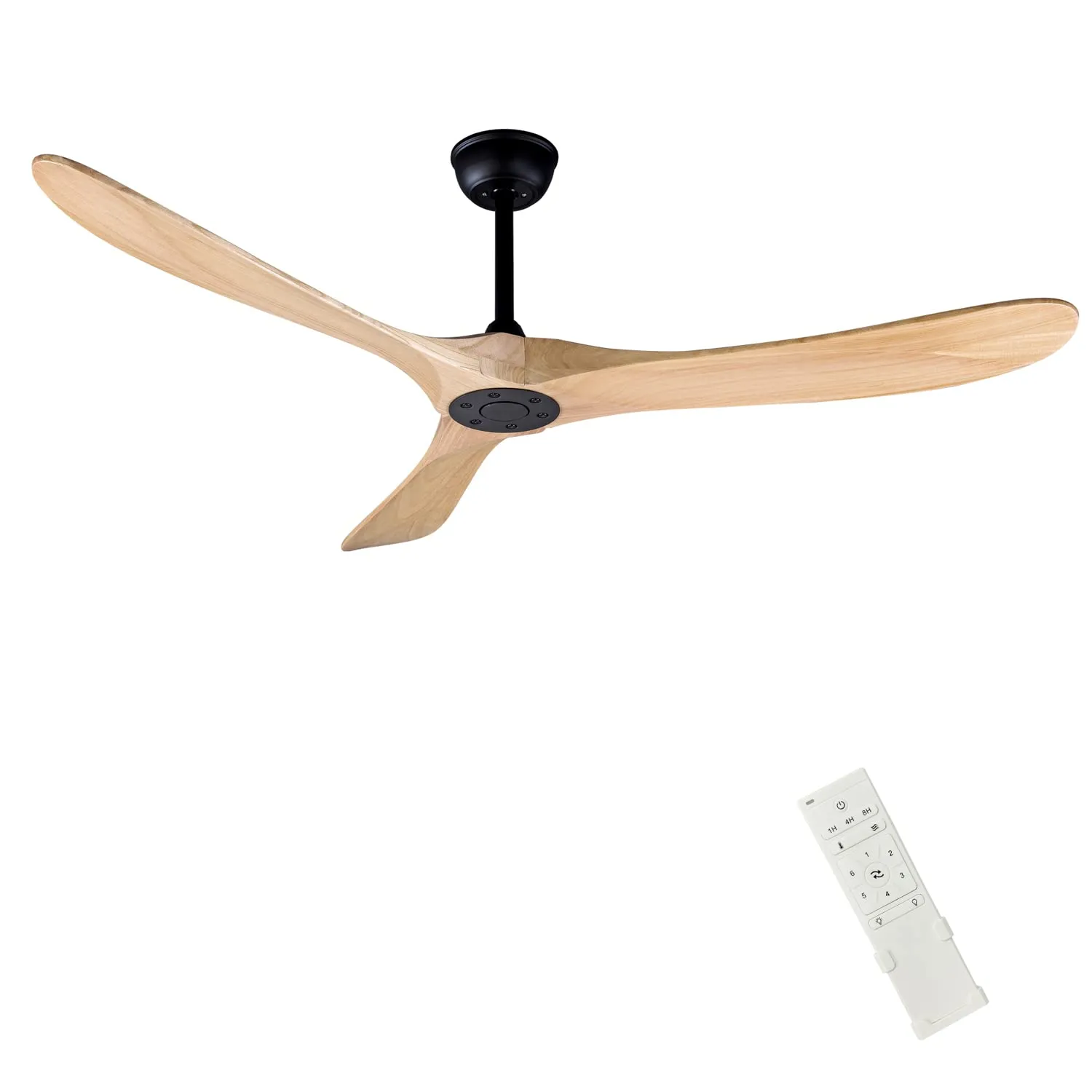 60" Wood Ceiling Fan, 3 Blade Solid Wood Blades with Remote Control, Quiet Indoor Outdoor Ceiling Fan Without Light, Reversible DC Motor, Energy Efficient (Burlywood)