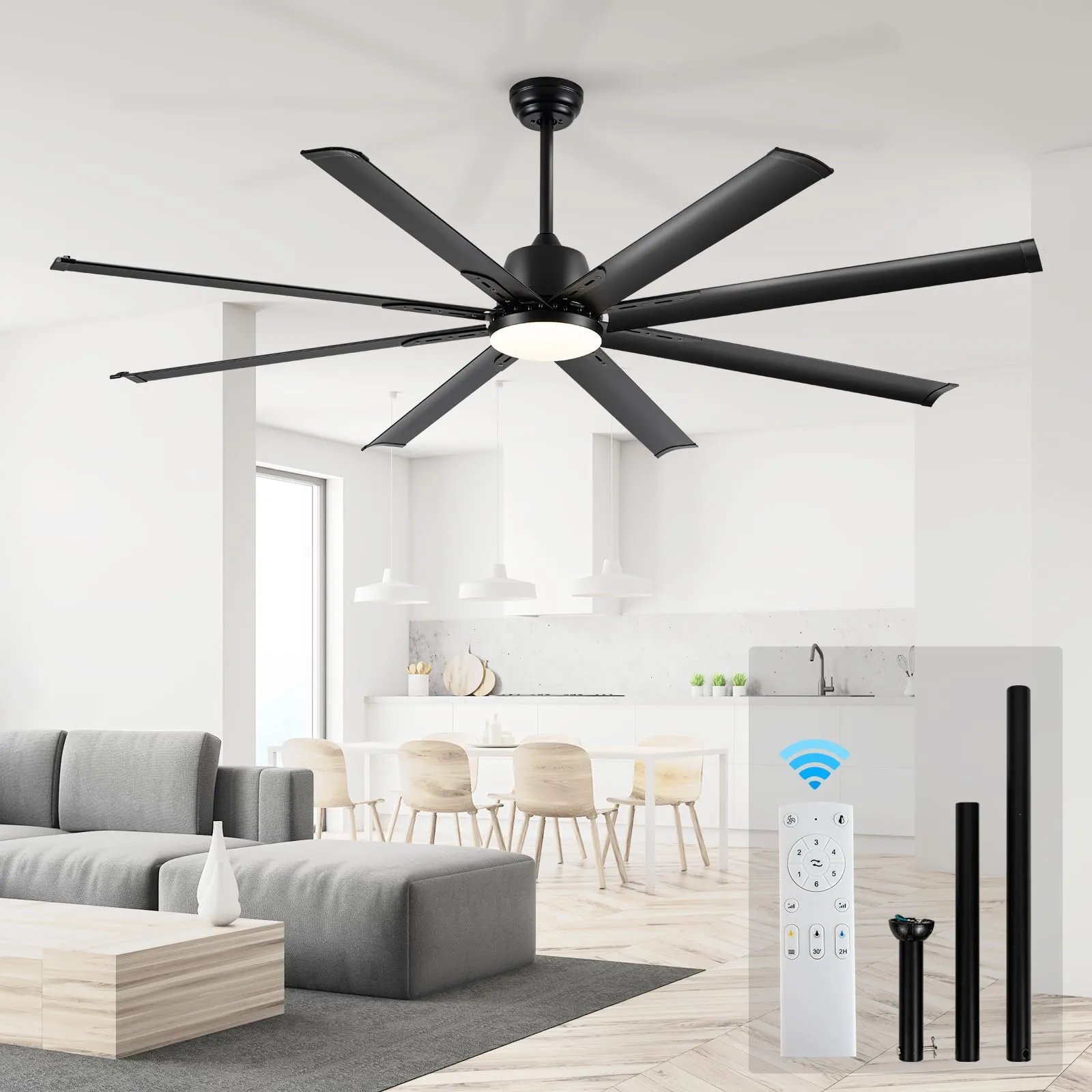 72 Inch Aluminum Ceiling Fan with Lights for Covered Patio,8 Black Blades