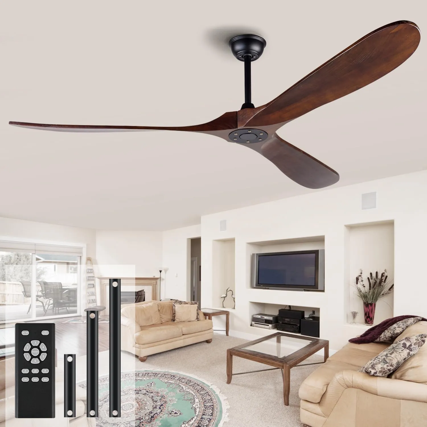 72 Inch Ceiling Fan No Light ,Wood Outdoor Ceiling Fans for Patios Living Room Garage Gazebo Mid Century Modern Exterior Extra Large Waterproof Ceiling Fan Without Light with Downrod (Walnut)