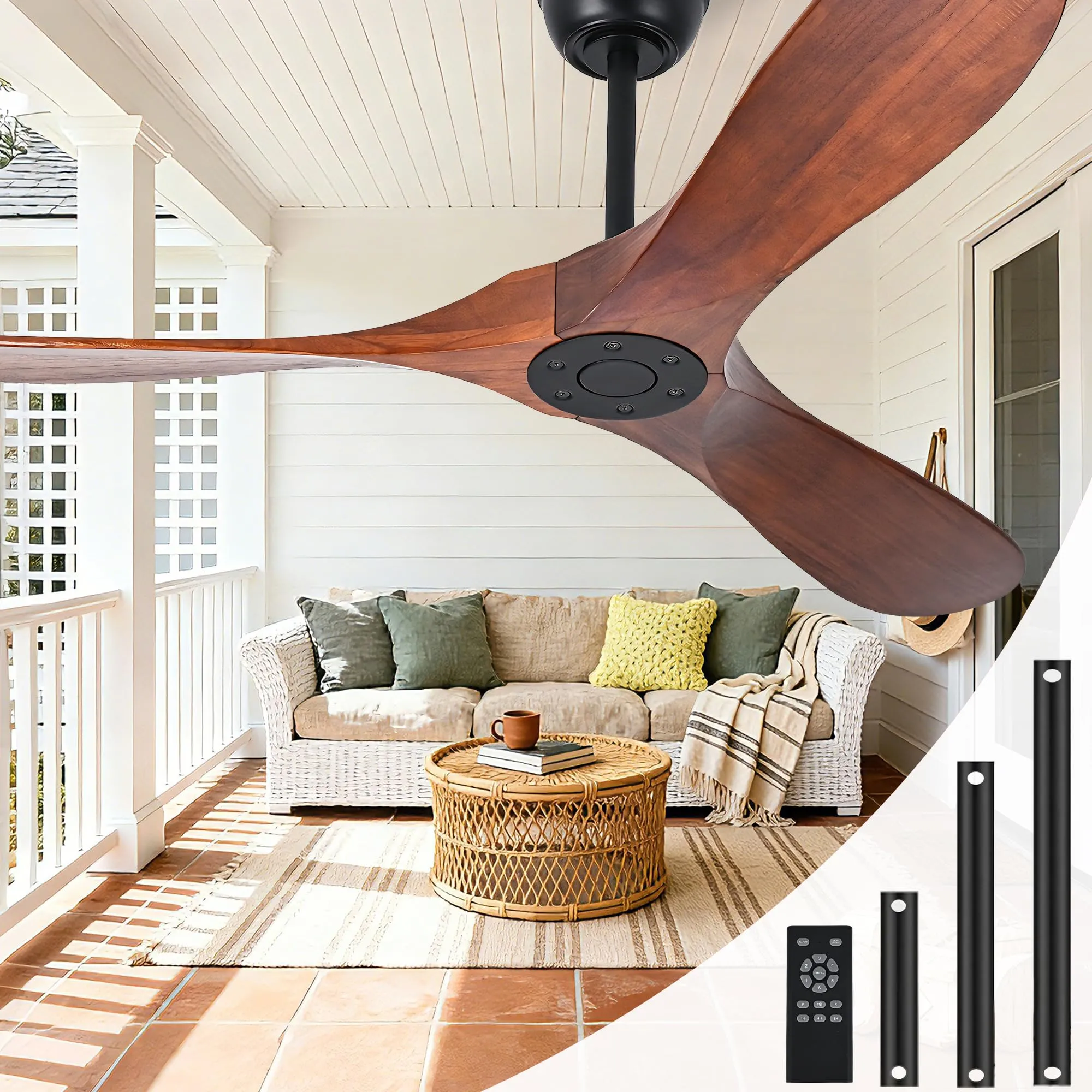72 Inch Ceiling Fan No Light, Wood Outdoor Ceiling Fans for Patios Living Room Gazebo Porch, Indoor Modern Exterior Extra Large Ceiling Fan without Lights with Downrod(Walnut)
