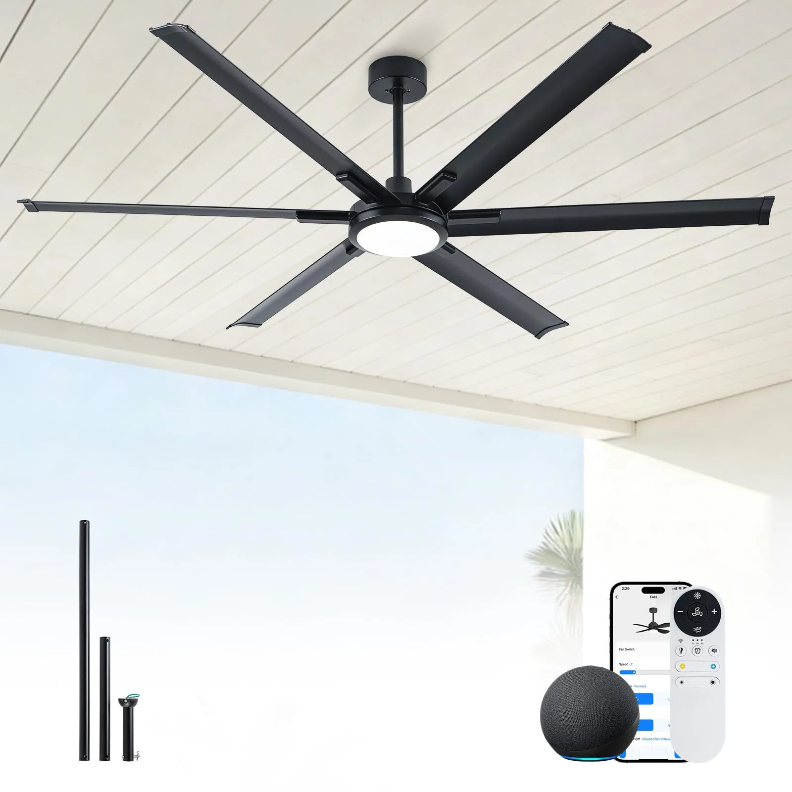 72 Inch Outdoor Ultra-Thin Ceiling Fan with Light,6 Black Aluminum Blades