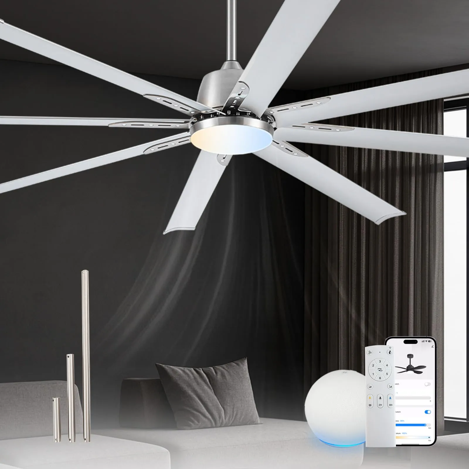 72 Inch Smart Ceiling Fan with Light via Alexa Controls,8 Aluminum Blades