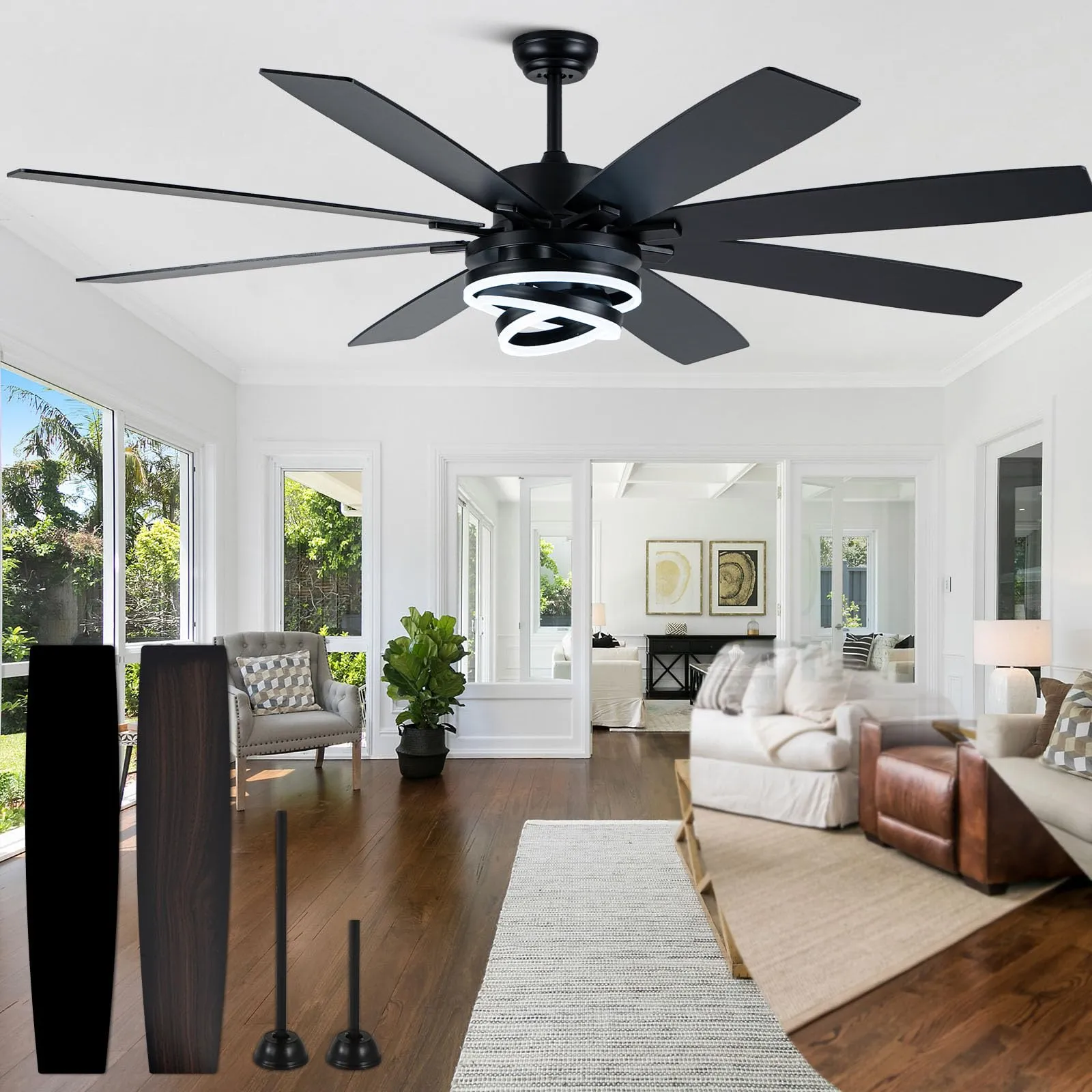 72" Large Black Modern Ceiling Fans with Lights
