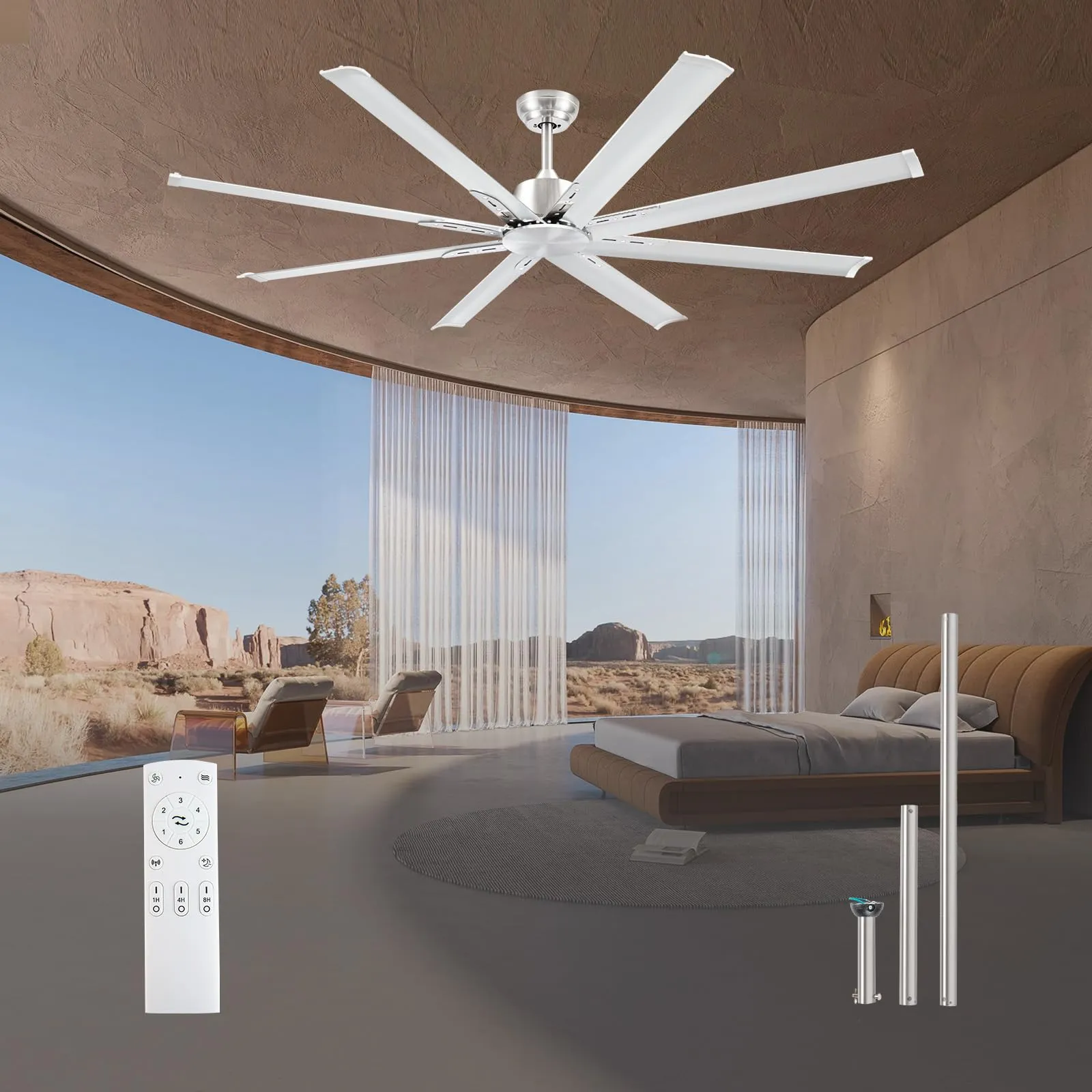 72" lndustrial Large Celing Fan no Light,8 Aluminum Blades, Brushed Nickel