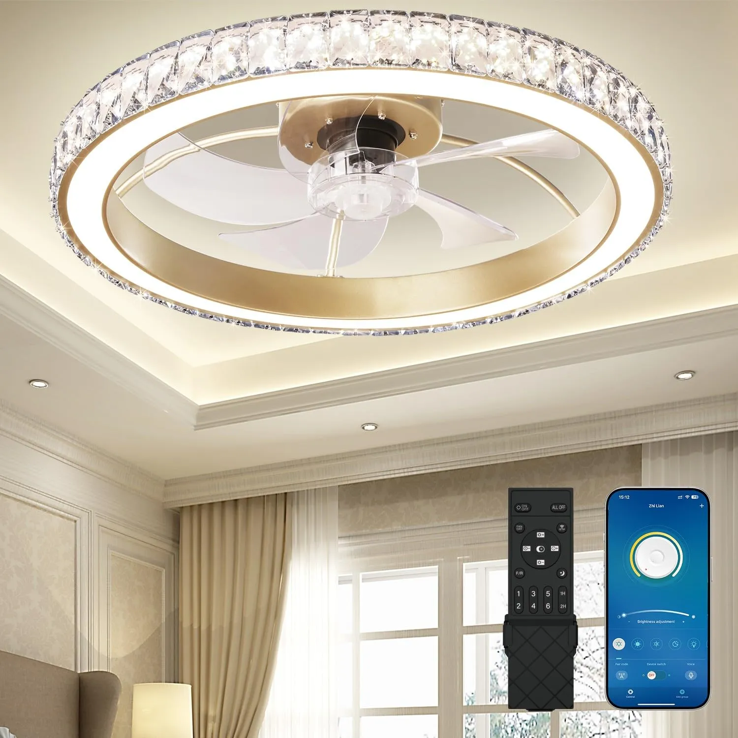 Aipsun Low Profile Modern Crystal Chandelier Ceiling Fans with Lights and Remote, 3000K-6500K Smart Bladeless LED Fan Light, 22" Gold Modern Ceiling Fans with Lights for Bedroom