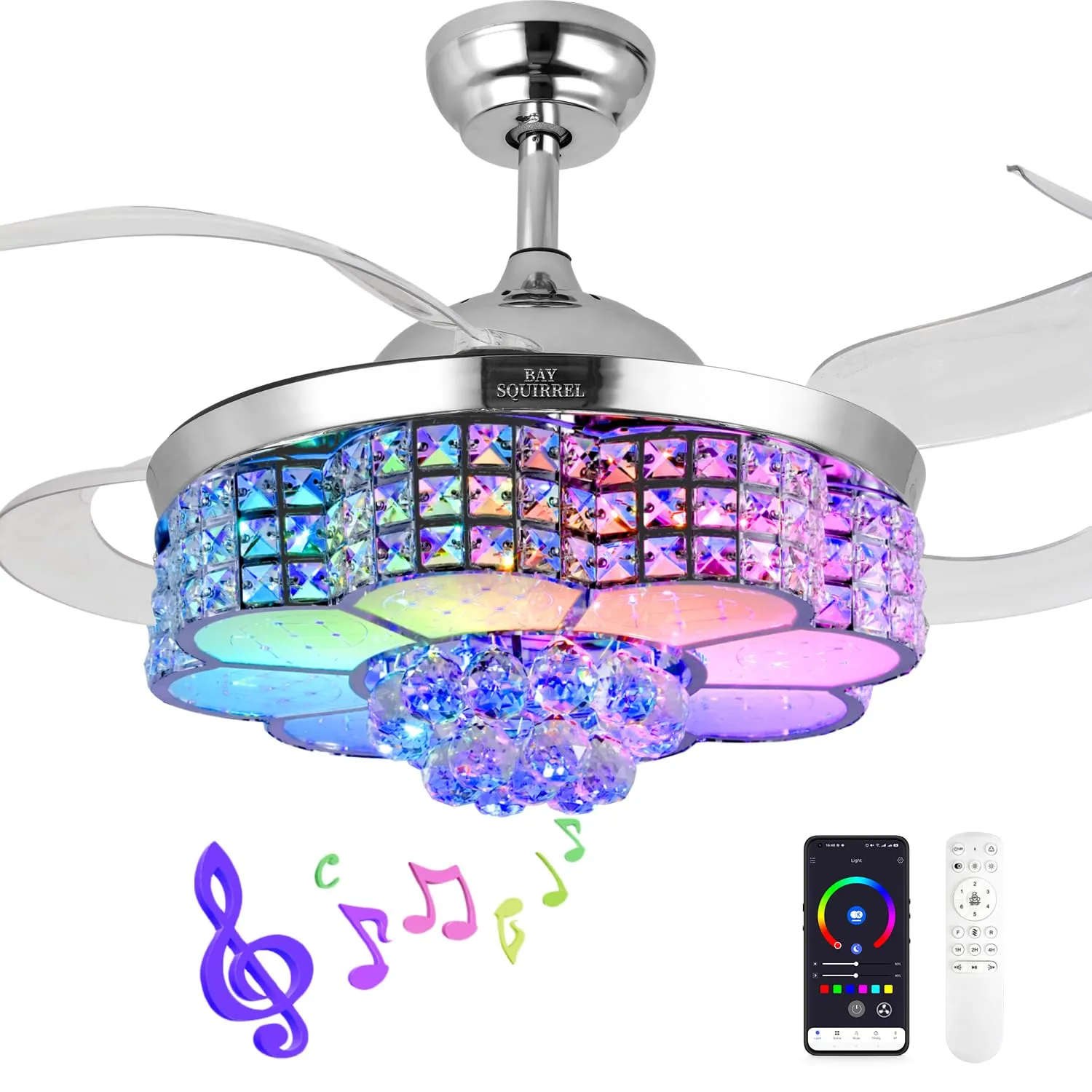 BAYSQUIRREL Retractable Ceiling Fan with Light and Remote/APP Control, Bluetooth Ceiling Fans with Speaker, RGB-LED Light 6 Speeds Reversible Blades,Chandelier Crystal Ceiling Fan with Lights