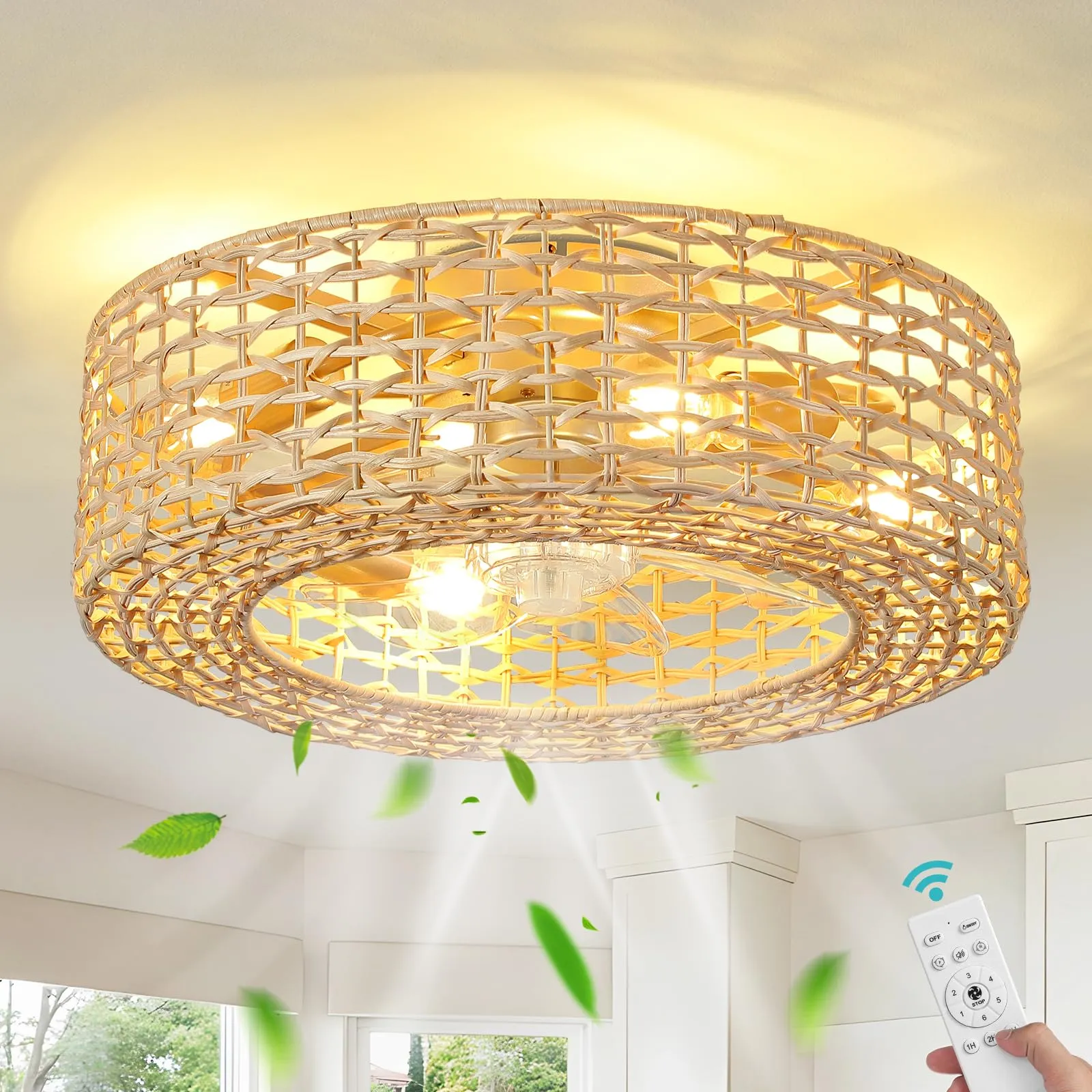 Boho Caged Low Profile Ceiling Fan with Light 19" Fandelier Flush Mount