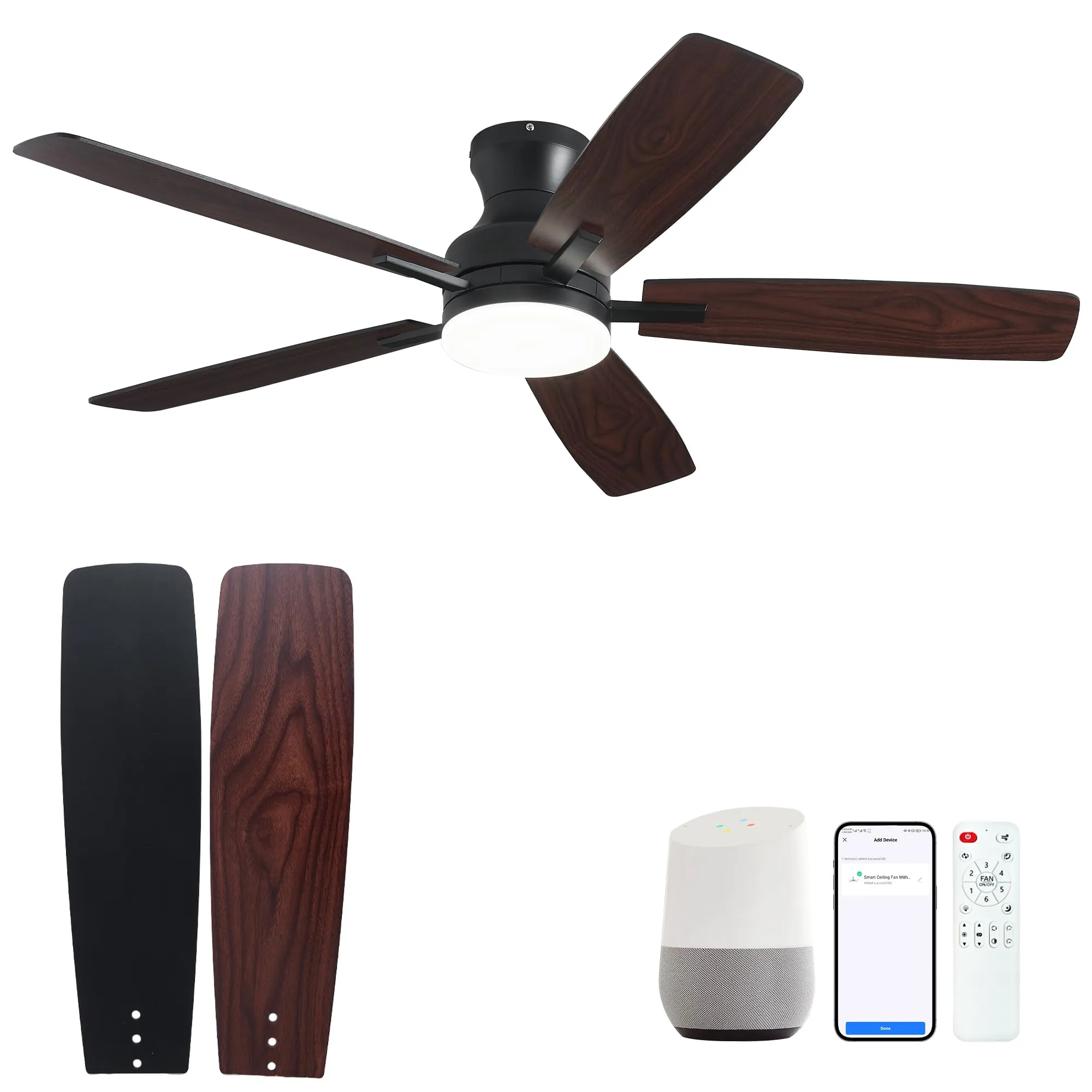 DIAMONDFORGE Smart Ceiling Fans with Lights Remote - 52'' WiFi Alexa Flush Mount Low Profile Modern Ceiling Fans for Bedroom - Stepless Color Temperature and 6 Speeds - Black
