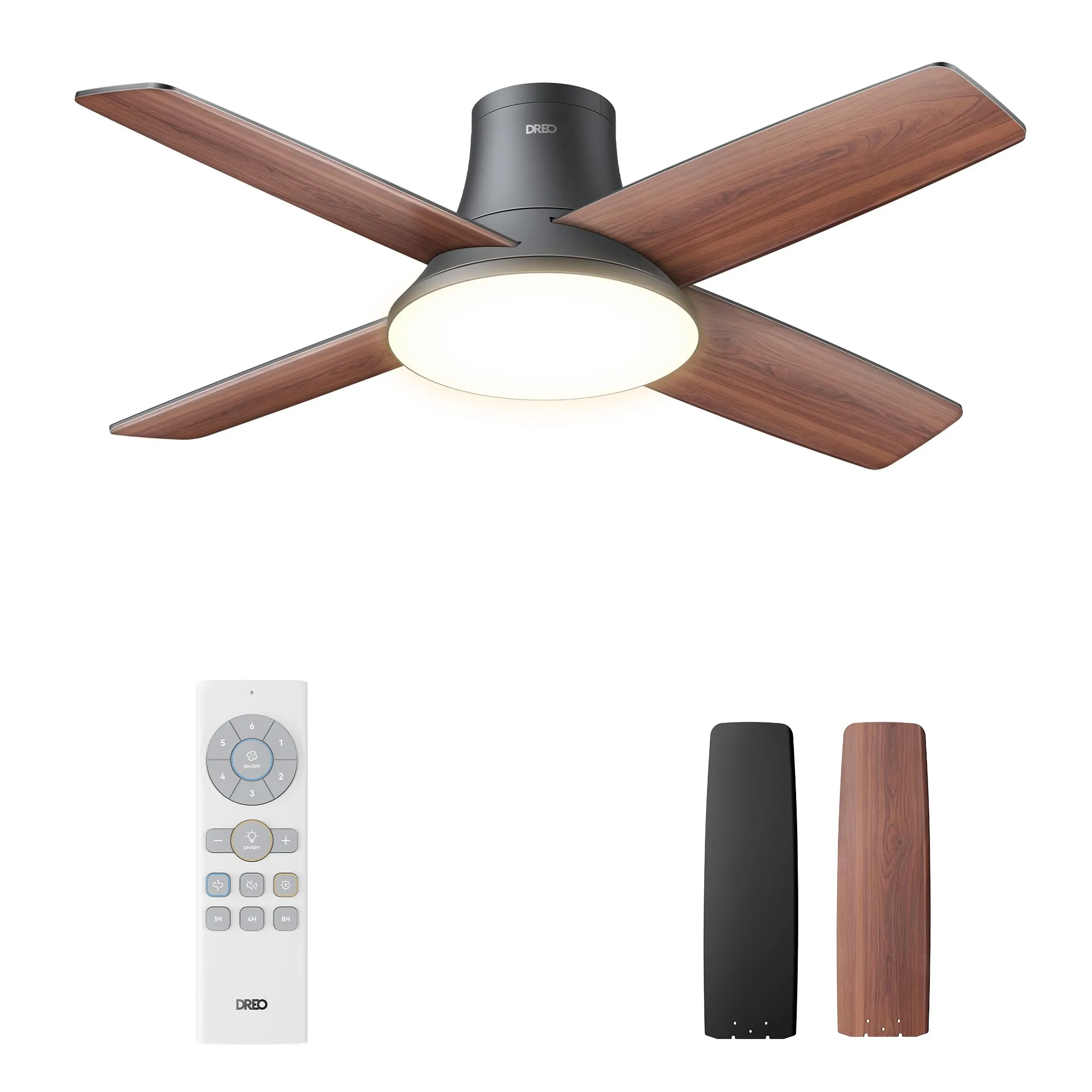 DREO Ceiling Fan, 44 Inch Low Profile Ceiling Fan with Light and Remote, 5CCT LED, 6-Level Dimmable, 6-Speed, Reversible Motor, 22 dB, Timer, Easy-Install, Black Flush Mount for Bedroom