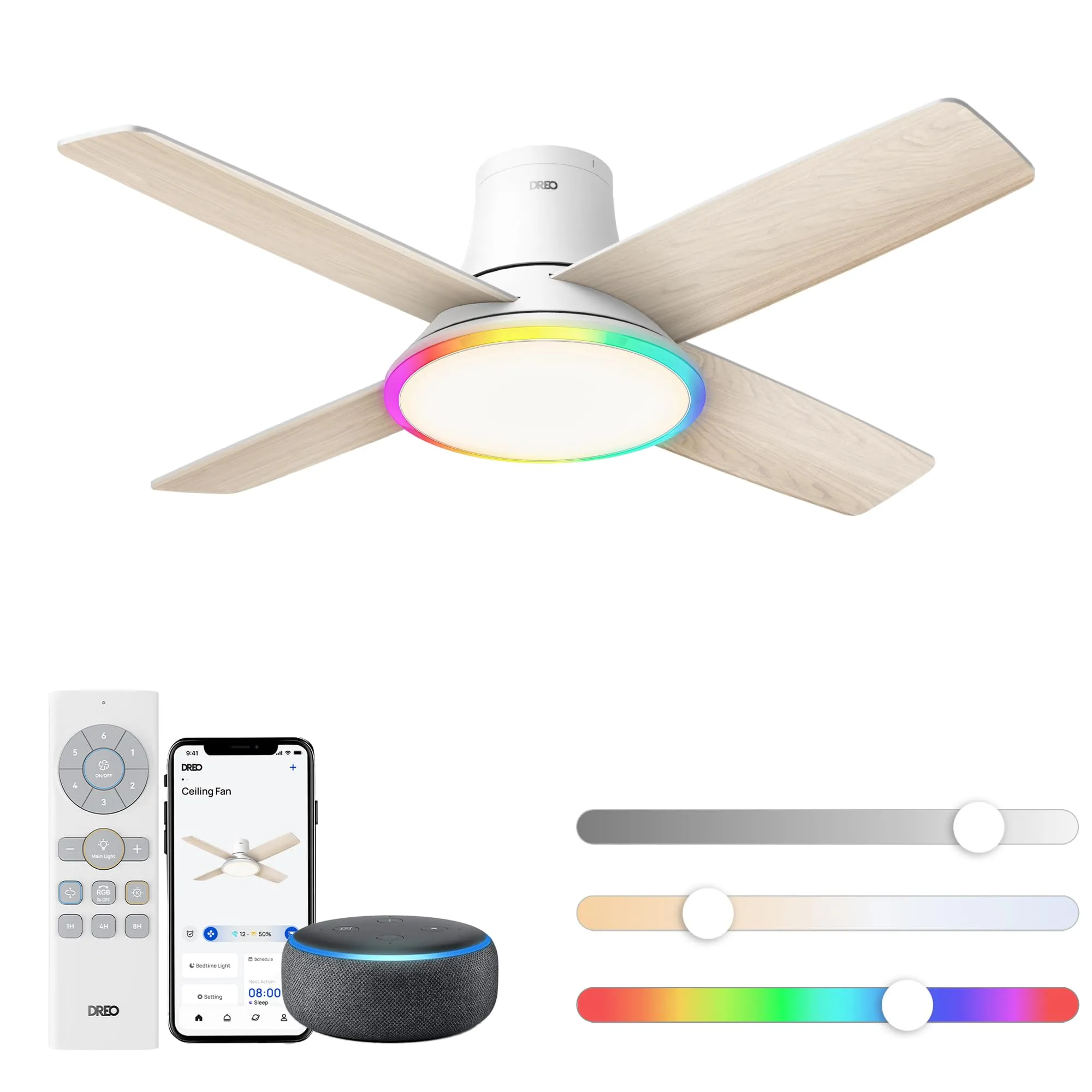DREO Ceiling Fans with Lights, 44'', RGBIC Flush Mount Smart Ceiling Fan