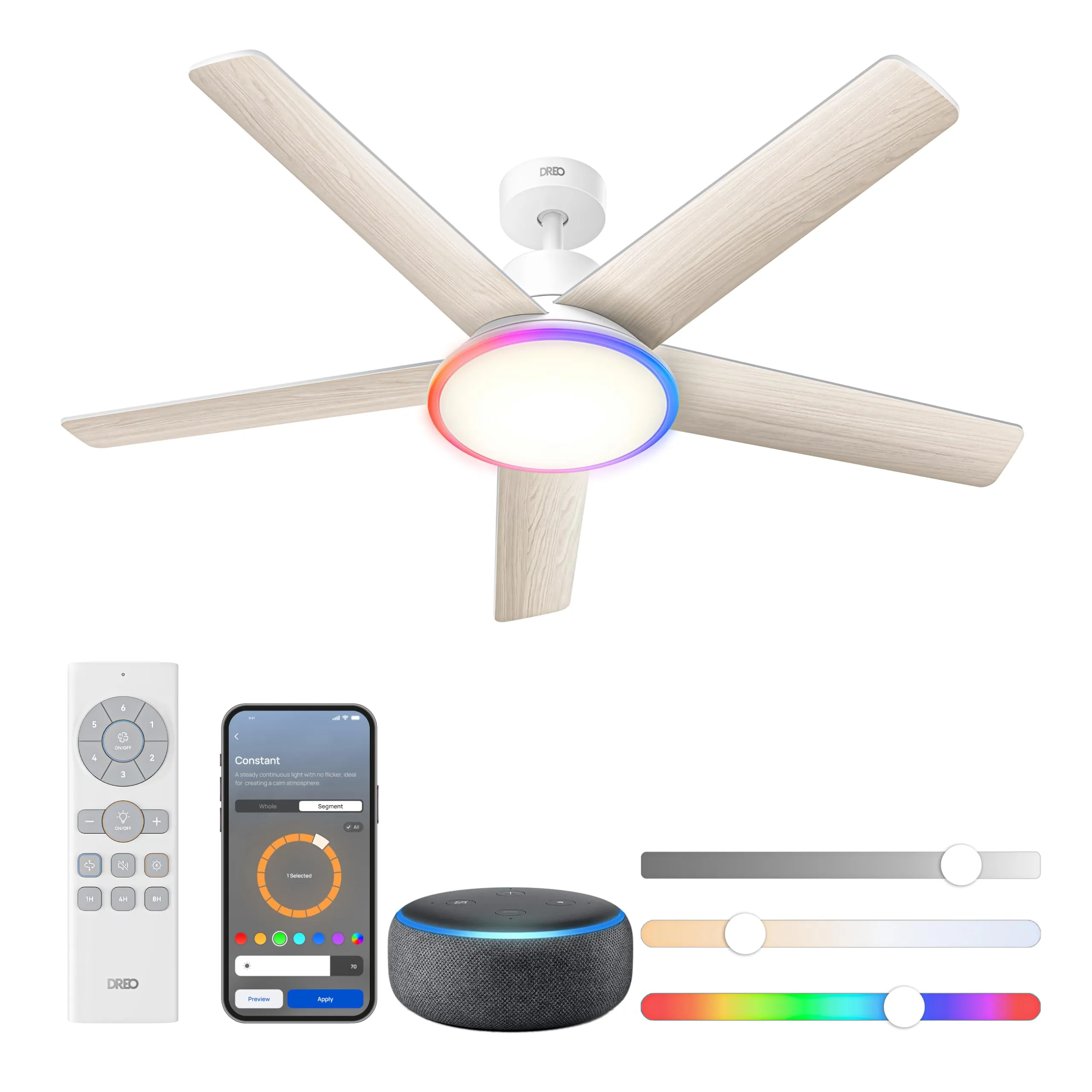 DREO Smart Ceiling Fan with Lights, 52 Inch, 12 Speeds & 3 Fan Modes, RGBIC Light for Living Room, Dimmable, 22dB Quiet DC Motor, Remote/APP/Alexa Control, White Ceiling Fans Indoor, 2026 Upgraded