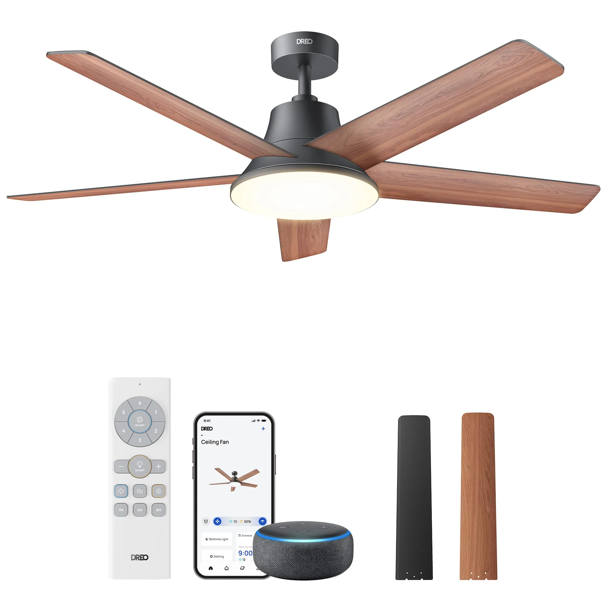 DREO Smart Ceiling Fan with Lights, 52 Inch, 12 Speeds & 3 Fan Modes, Stepless, Dimmable LED Light, Timer, 22dB Quiet DC Motor, Remote/APP/Alexa Control, Black Ceiling Fans Indoor, 2026 Upgraded