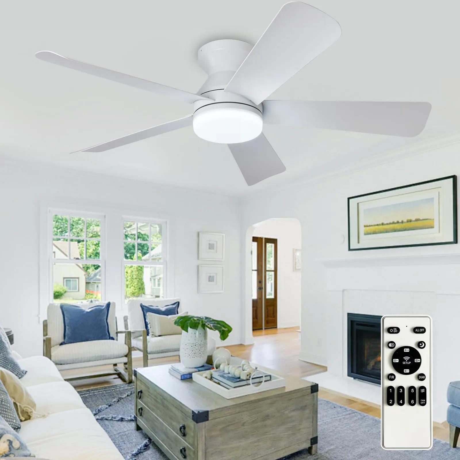 Depuley Modern Ceiling Fan with Light: 42-Inch White Small Fans for Bedroom Indoor Outdoor - Dimmable Low Profile Ceiling Fans with Remote Control Flush Mount 5 Reversible White Blades 6 Speeds Timer