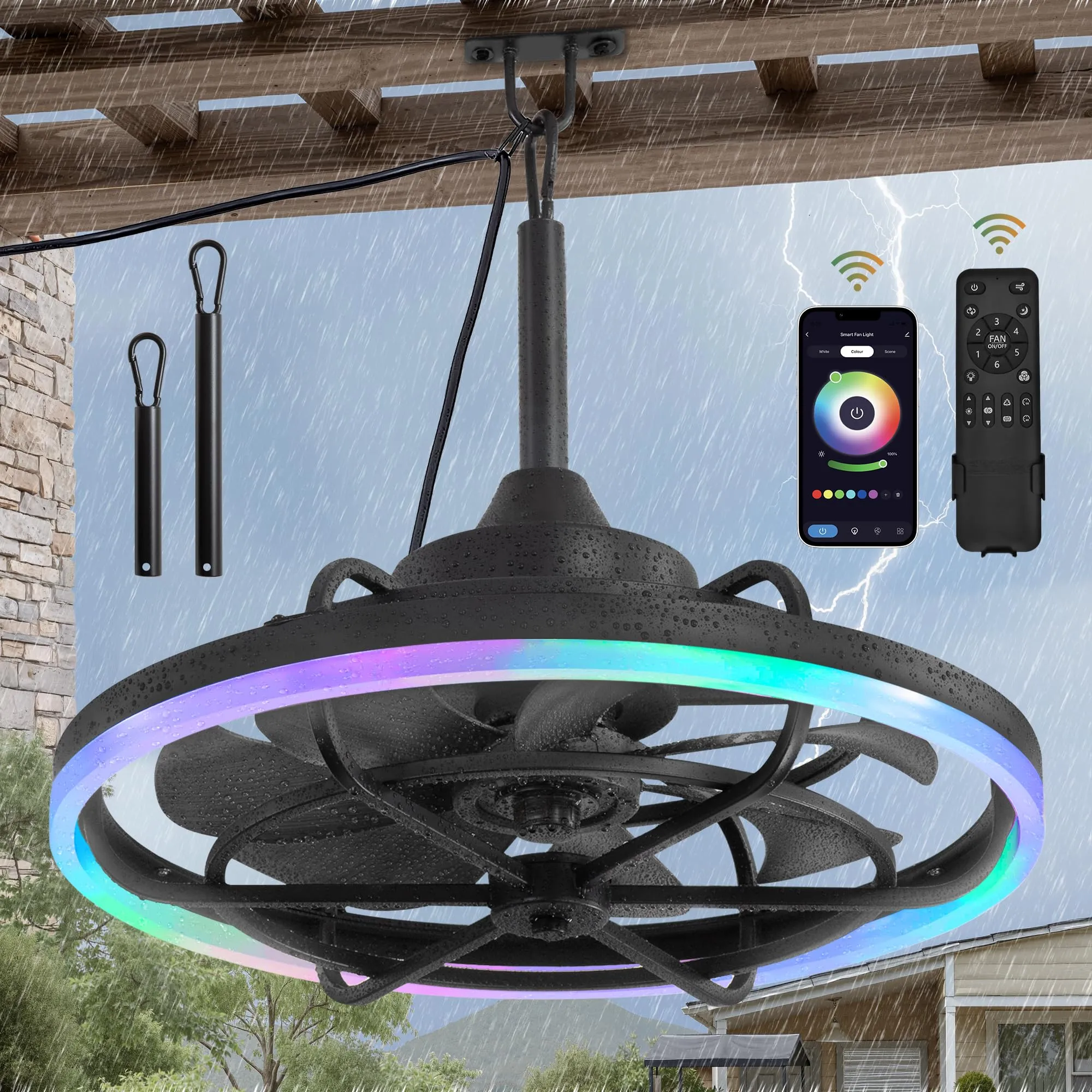 Fanbulous Outdoor RGB Ceiling Fans with Light, 24" Waterproof Gazebo Fan