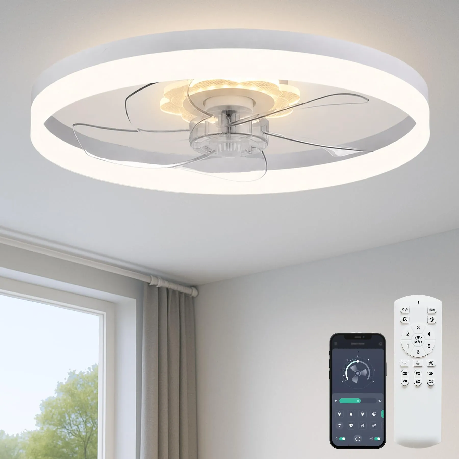 Fszdorj 20'' Ceiling Fan with Light and Remote,White Low Profile Fandelier