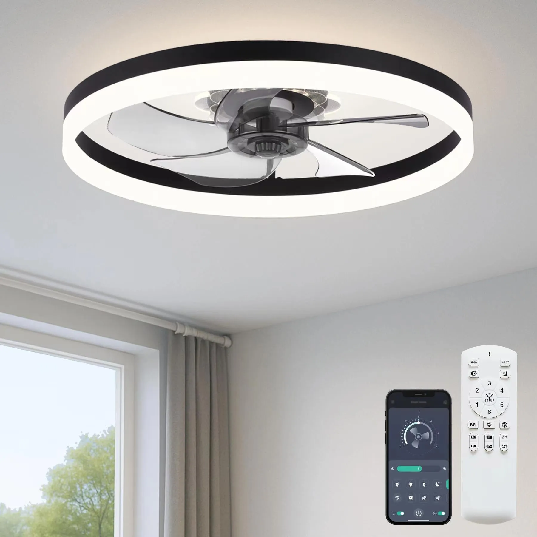 Fszdorj 20'' Low Profile Ceiling Fan with Light and Remote, Fandelier Black