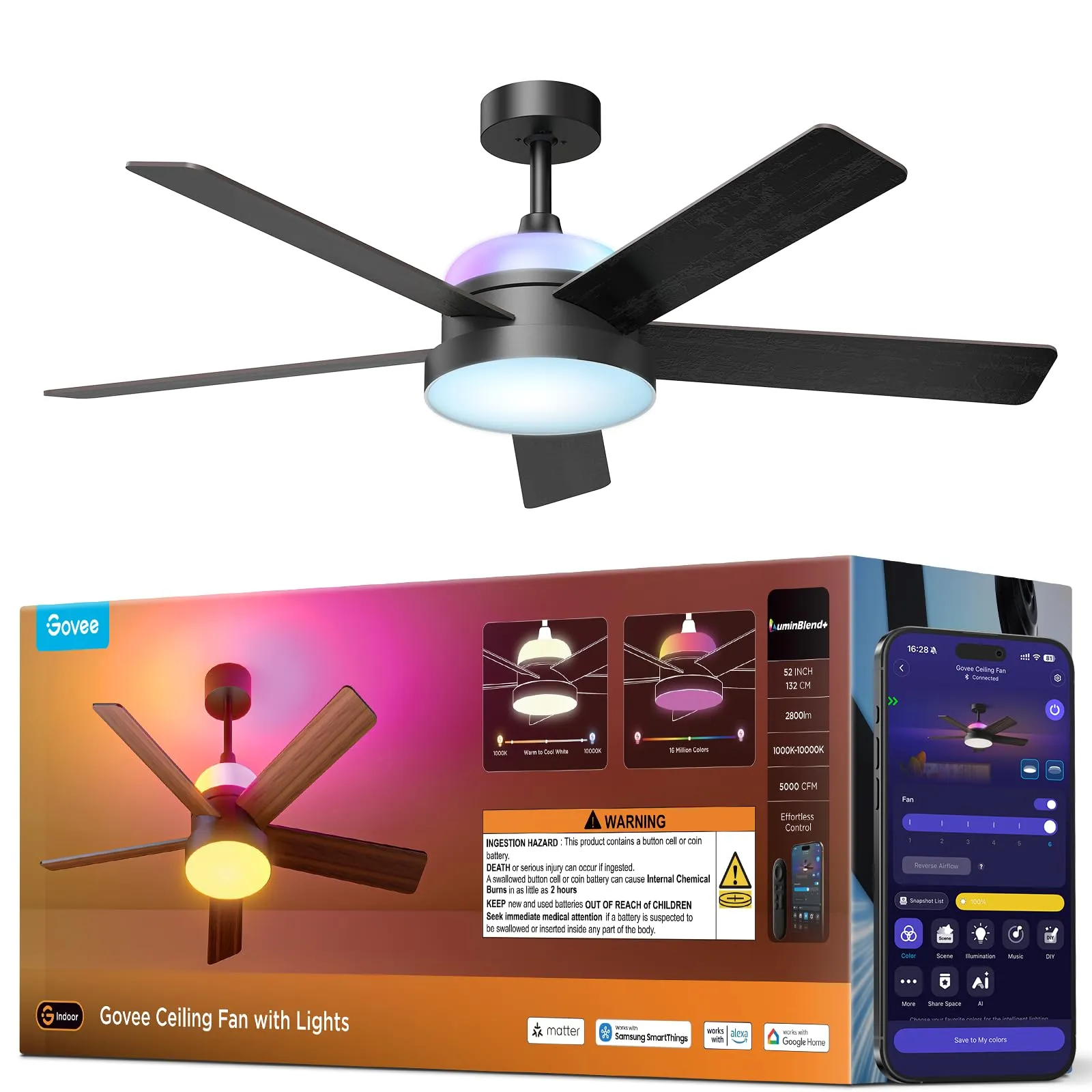 Govee Ceiling Fans with Lights and Remote, RGBIC Smart 52'' flush mount