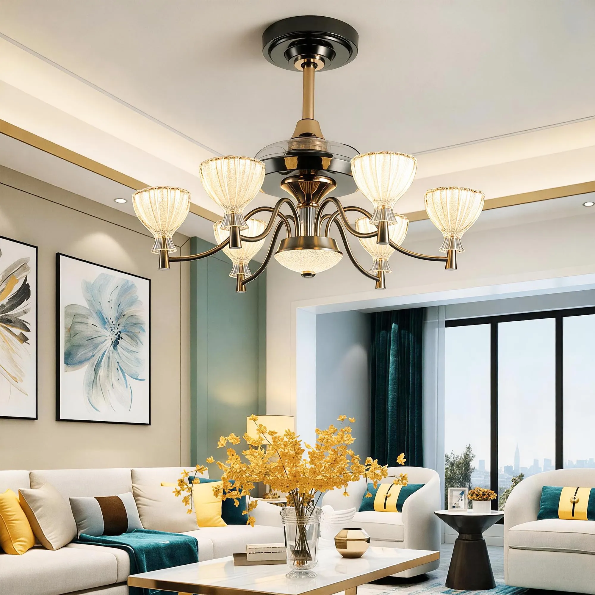 JAYNLT 30" Luxury Fandelier Ceiling Fan with Light, Retractable Ceiling Fan