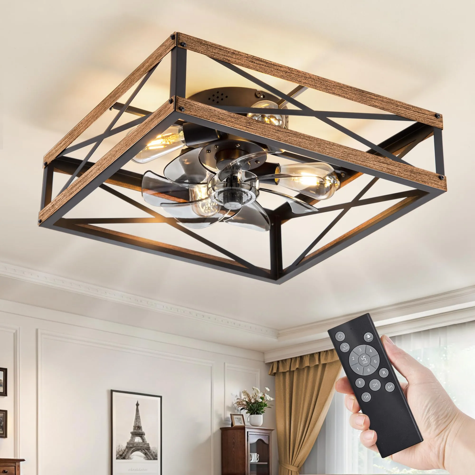 LEDIARY 20" Caged Flush Mount Square Ceiling Fans with Lights and Remote
