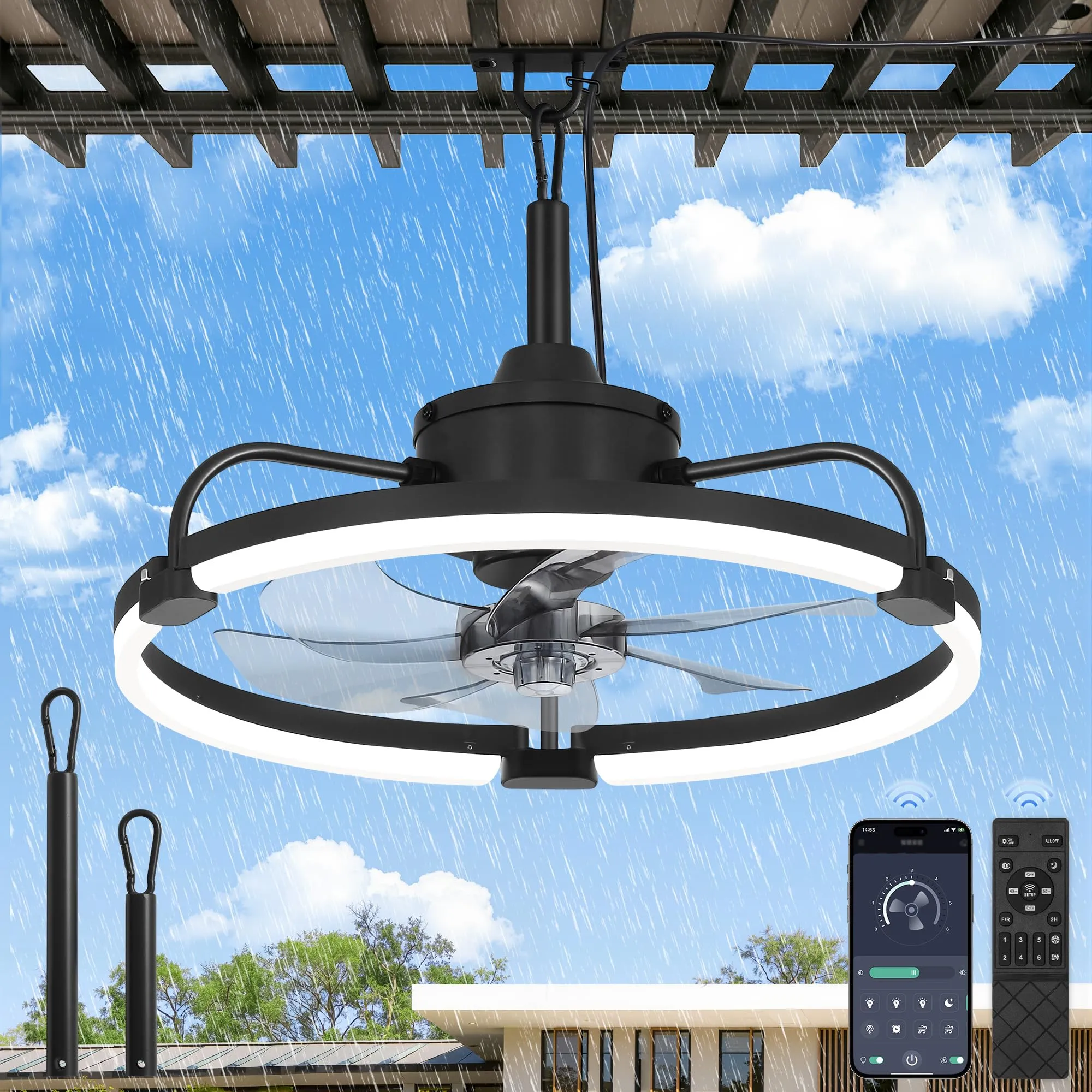 LEDIARY 20" Waterproof Black Outdoor Ceiling Fan with Light for Patios