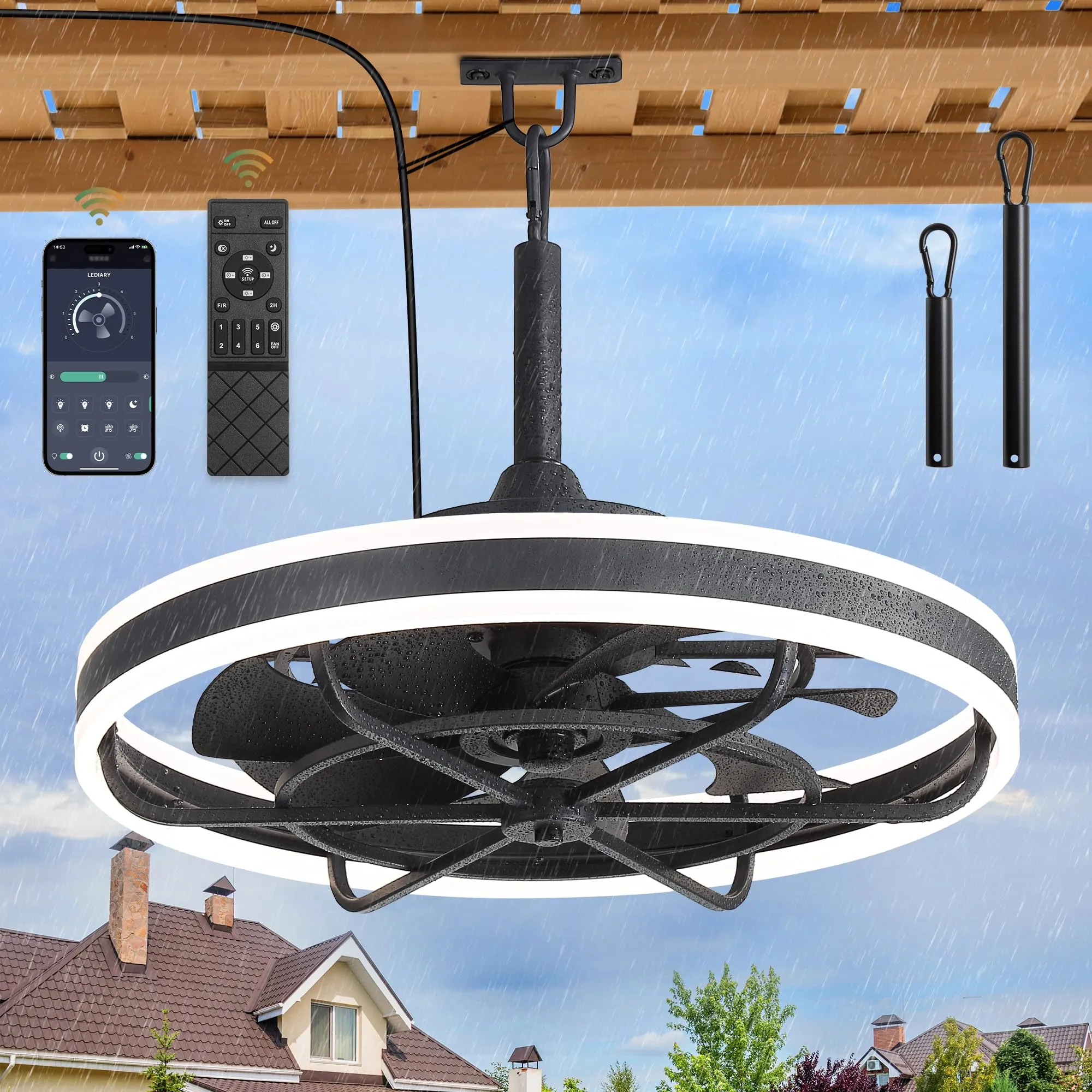 LEDIARY 24" Outdoor Ceiling Fans with Light, IP65 Waterproof Gazebo Fan