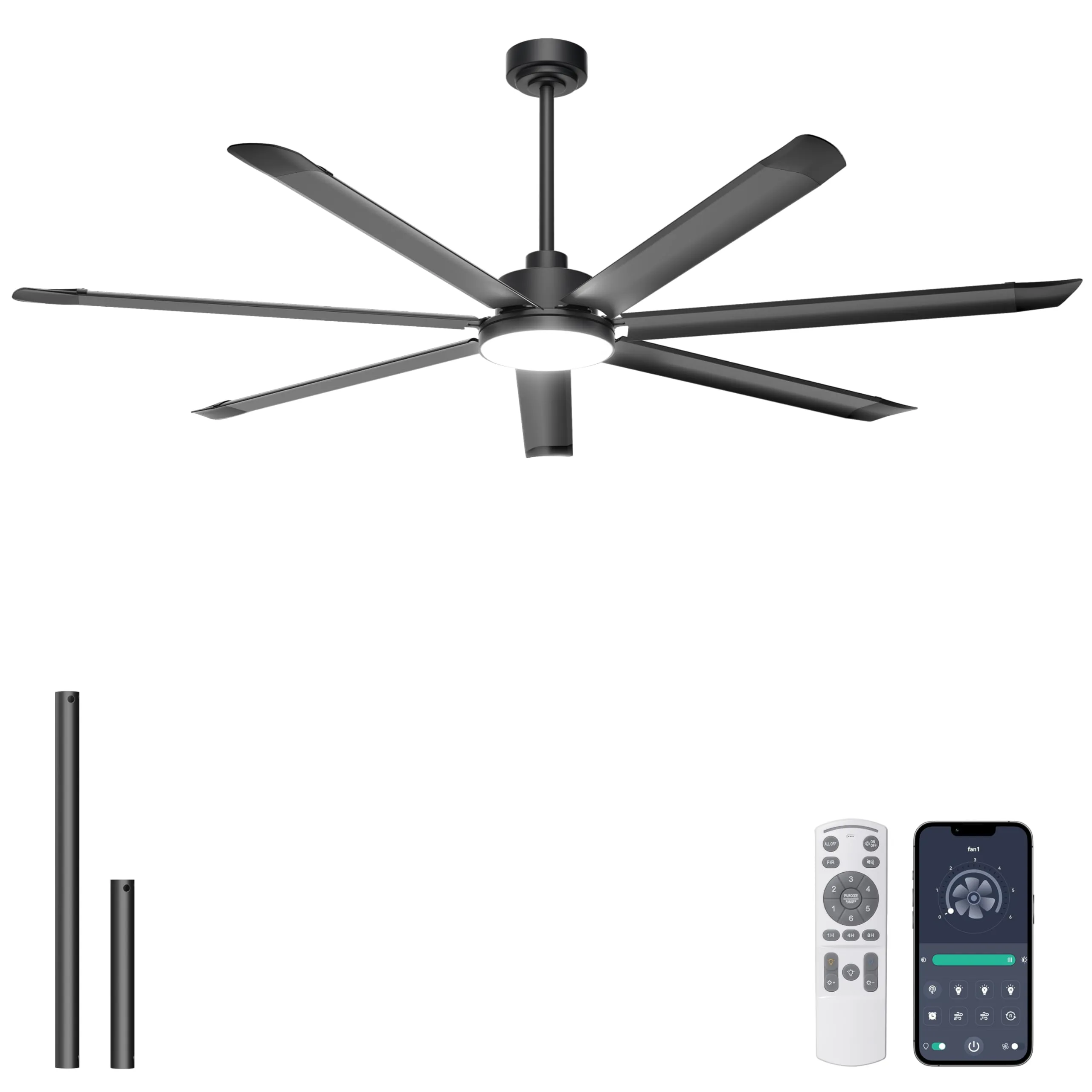 Ohniyou 72'' Industrial Ceiling Fan with Light for Patio, Garage, Black