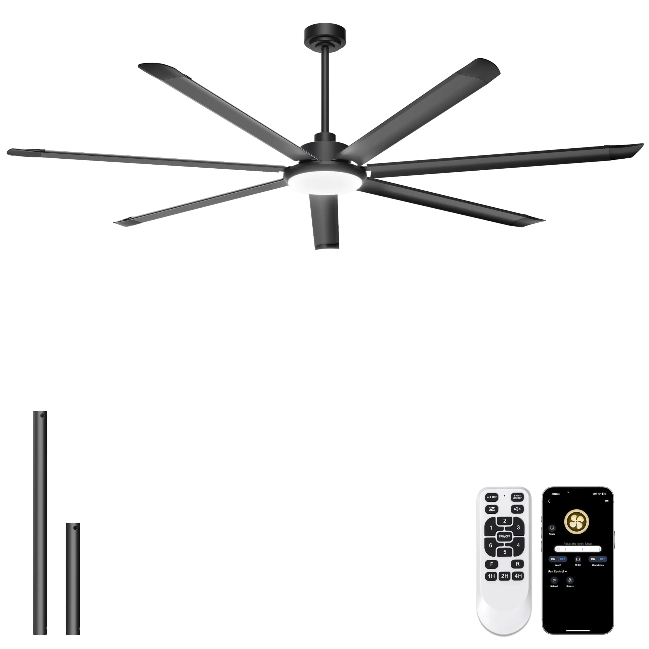 Ohniyou 84'' Industrial Ceiling Fan with Light for Shop, Garage, Black