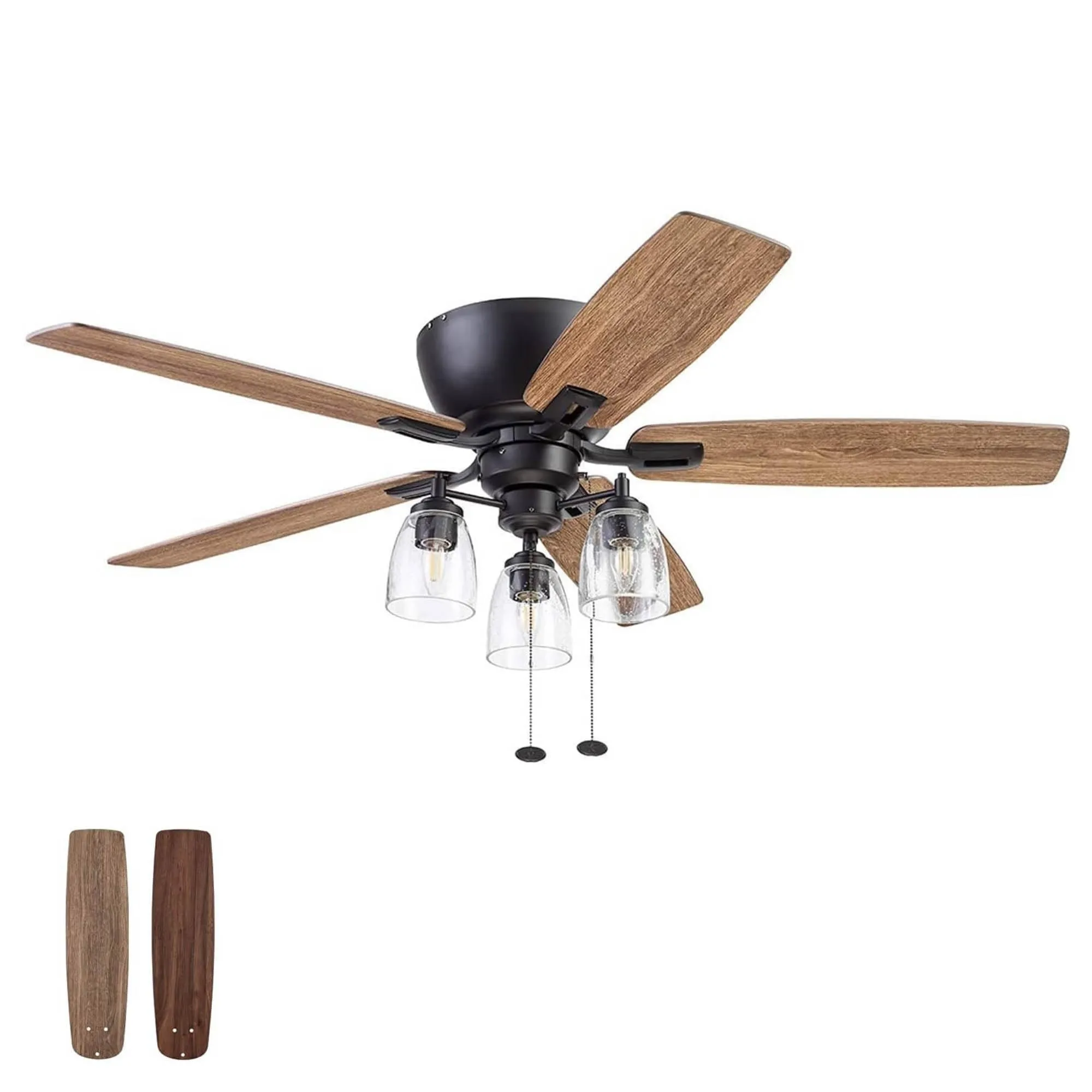 Prominence Home Arthur, 52 inch Industrial Farmhouse Flush Mount LED Ceiling Fan with Light, Pull Chain, Three Mounting Options, Dual Finish Blades, Reversible Motor - 51486-01 (Espresso)