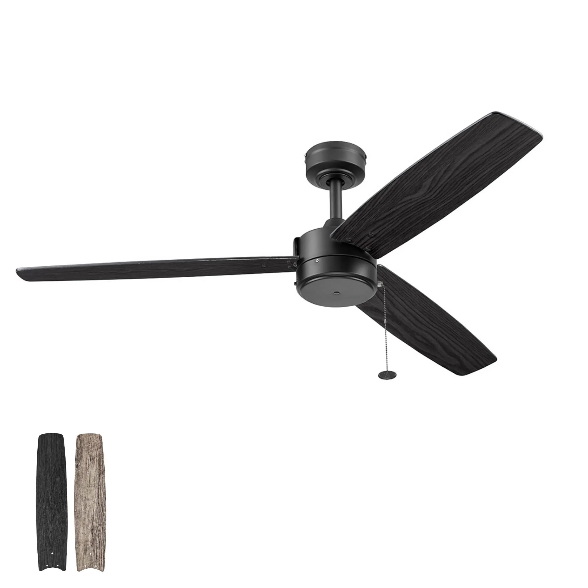 Prominence Home Journal Modern 52 Inch Ceiling Fan Without Light, Indoor/Outdoor Fan with 3 Blades, Pull Chain Dual-Mount Design with Ebony and Gray Teak Blade Options, Matte Black (51466-01)