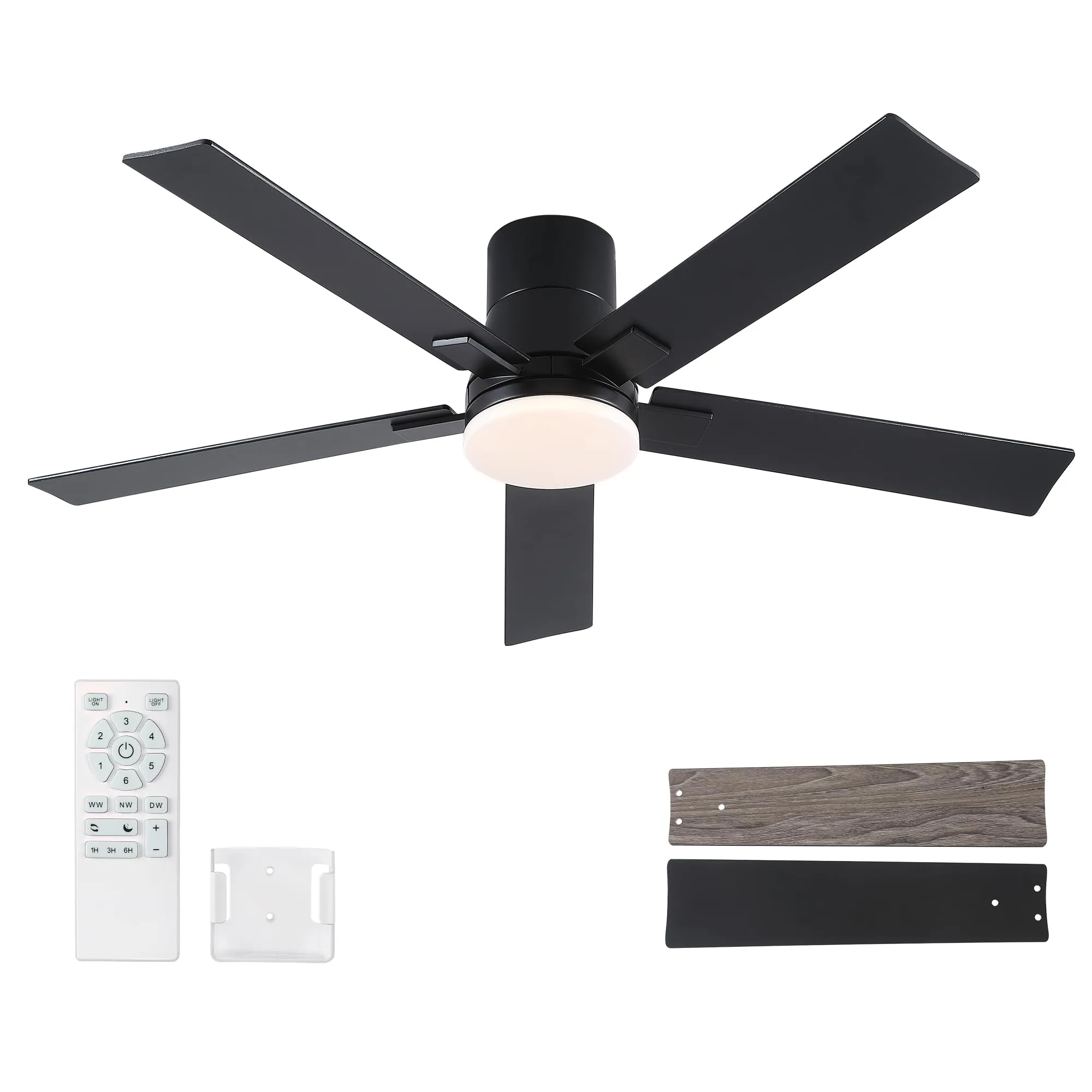 Rayqueen 52 Inch Flush Mount Black Ceiling Fans with Lights and Remote