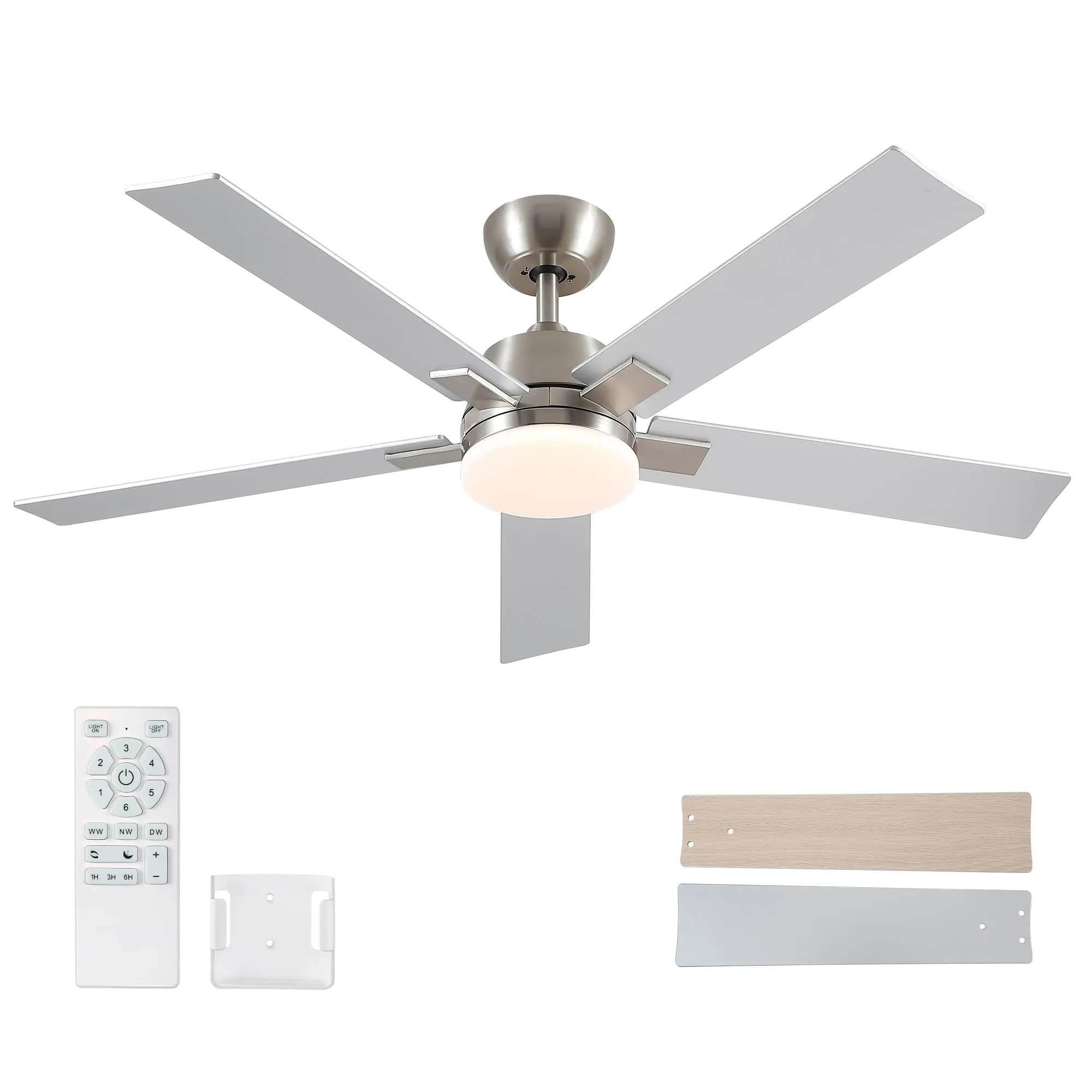 Rayqueen 52Inch Brushed Nickel Ceiling Fans with Lights and Remote,Downrod