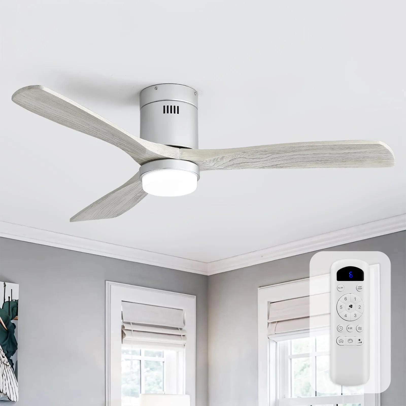 Sofucor 52 Inch Flush Mount Wood Ceiling Fans with Lights and Remote, Grey