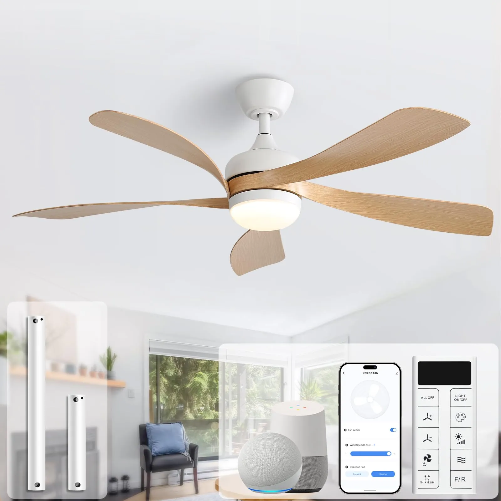 Sofucor 52 Inch Smart Ceiling Fan with Light, 5 ABS Blades
