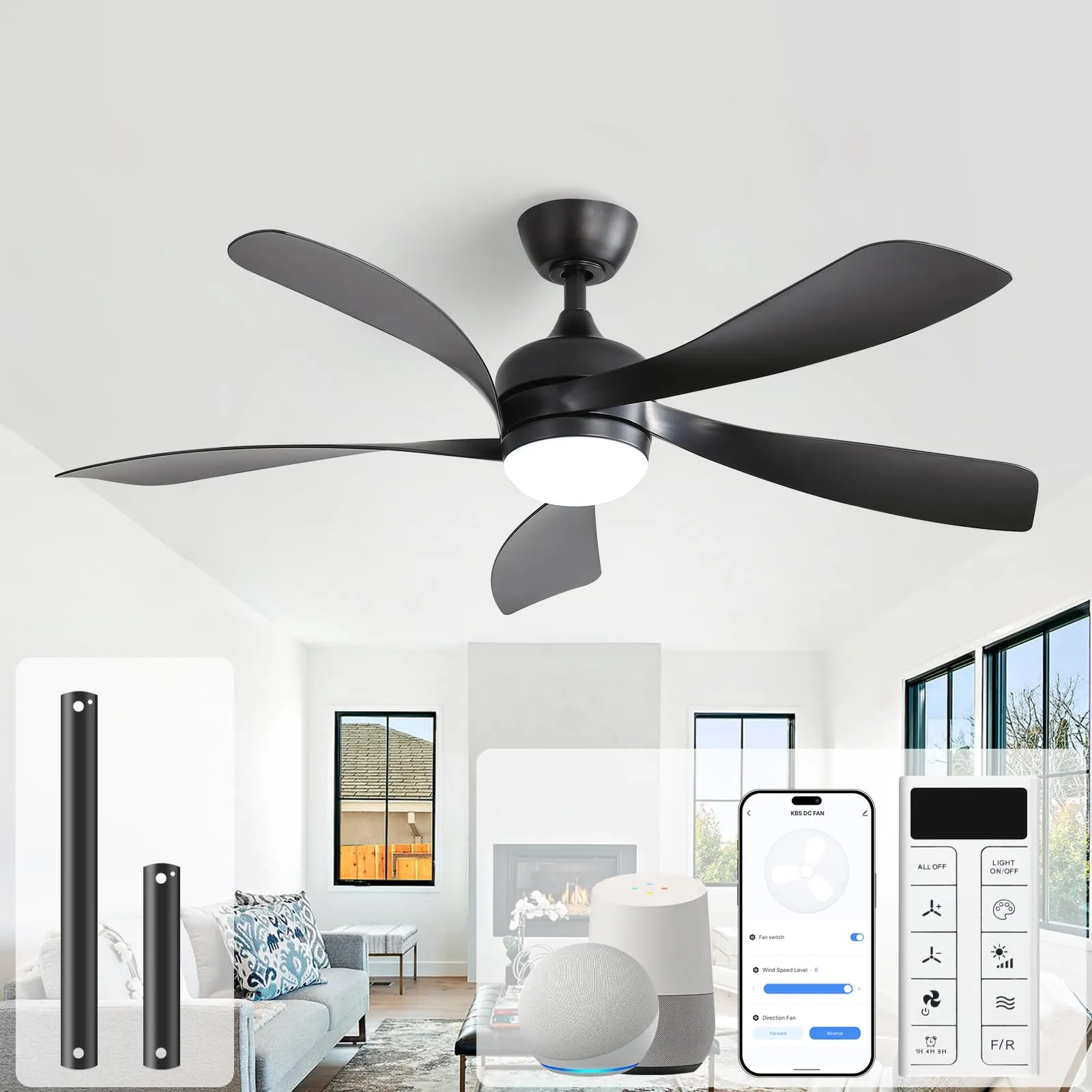 Sofucor 52 Inch Smart Modern Ceiling Fan with Light Indoor/Outdoor Black