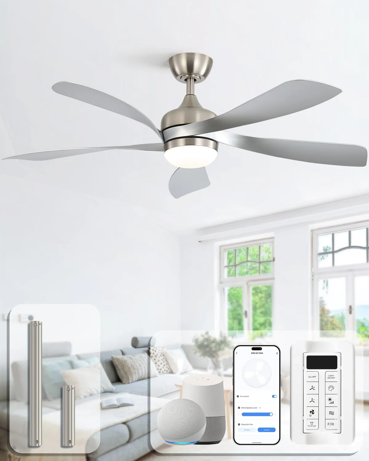 Sofucor 52 Inch Smart Modern Ceiling Fan with Light Indoor/Outdoor Nickel