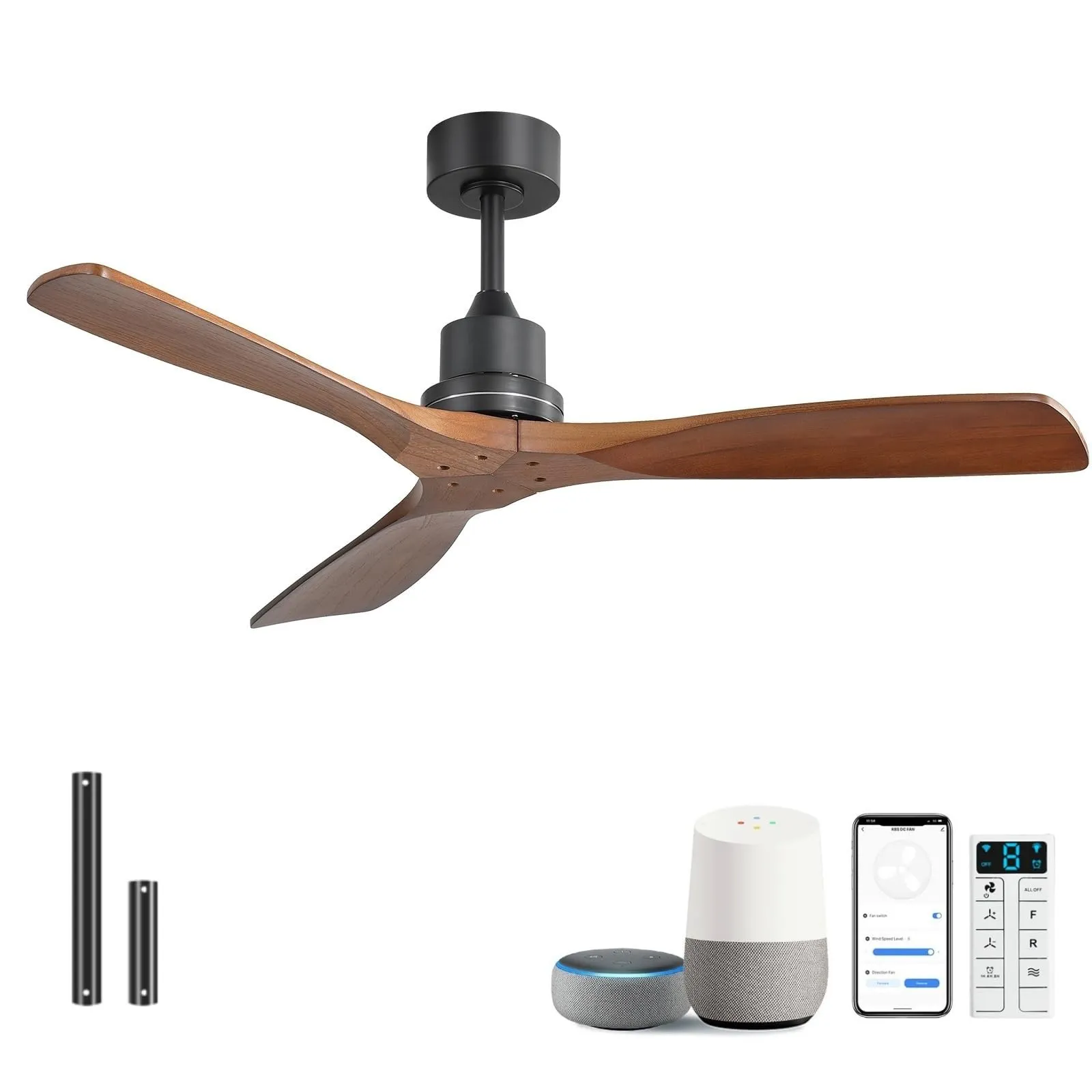 Sofucor 52 Inch Smart Wood Ceiling Fan No Light, Alexa/App/Remote Control