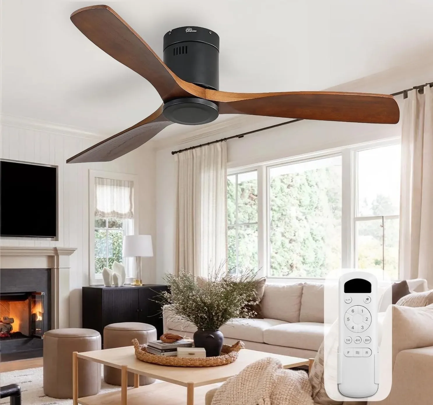 Sofucor 52 Inch Wood Ceiling Fan No Light, Flush Mount Low Profile, Brown