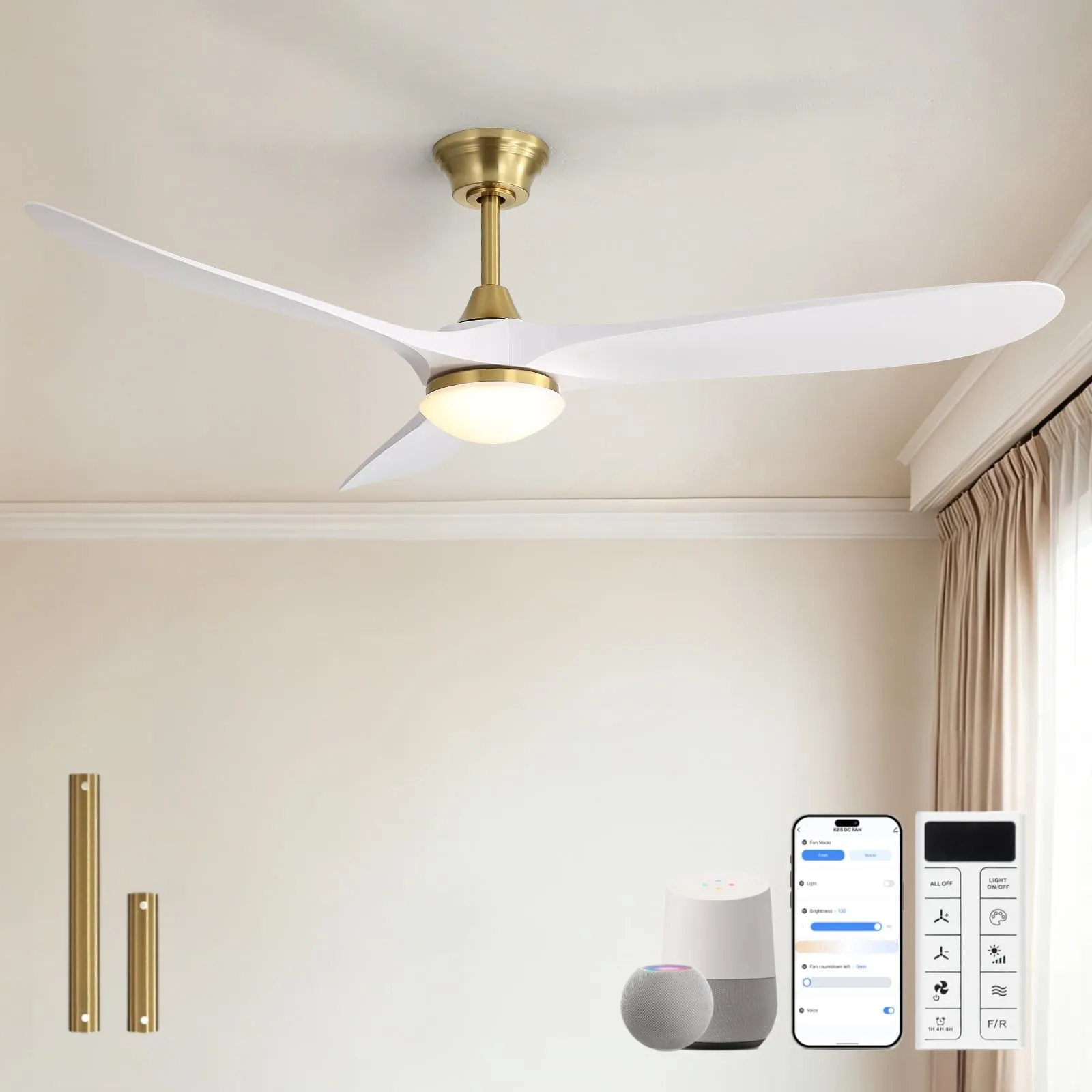 Sofucor 60 Inch Smart Ceiling Fan with Lights, 3 ABS Blades, Golden+White