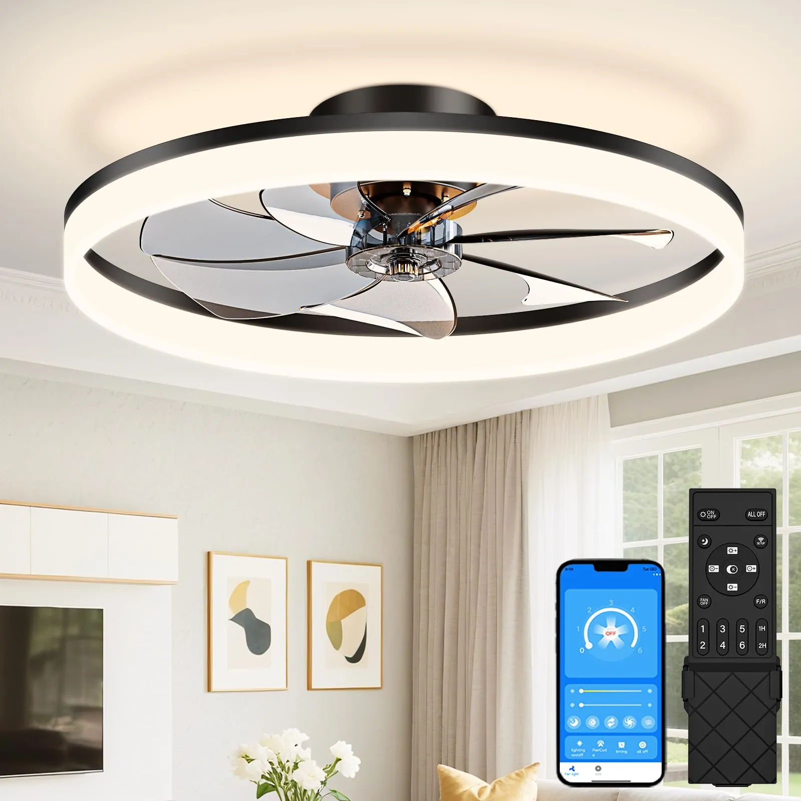 VOLISUN Low Profile Ceiling Fans with Lights and Remote, 27.6in Fandelier Ceiling Fan Flush Mount, 3000K-6500K Smart Bladeless LED Fan Light, Black Modern Ceiling Fans with Lights for Bedroom