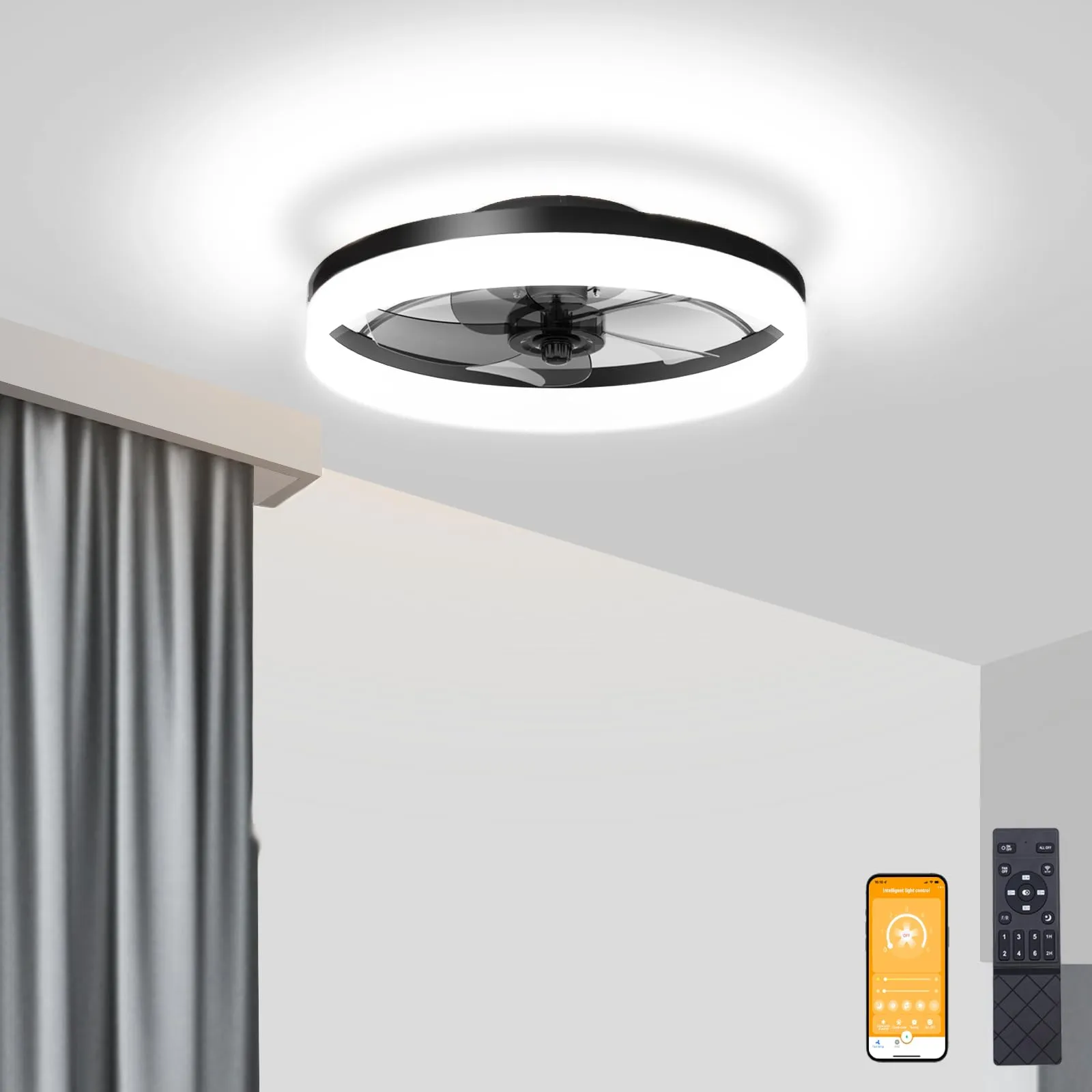 VOLISUN Low Profile Ceiling Fans with Lights and Remote, Fandelier Ceiling Fan Flush Mount, 3000K-6500K Smart Bladeless LED Fan Light, Black Modern Ceiling Fans with Lights for Bedroom
