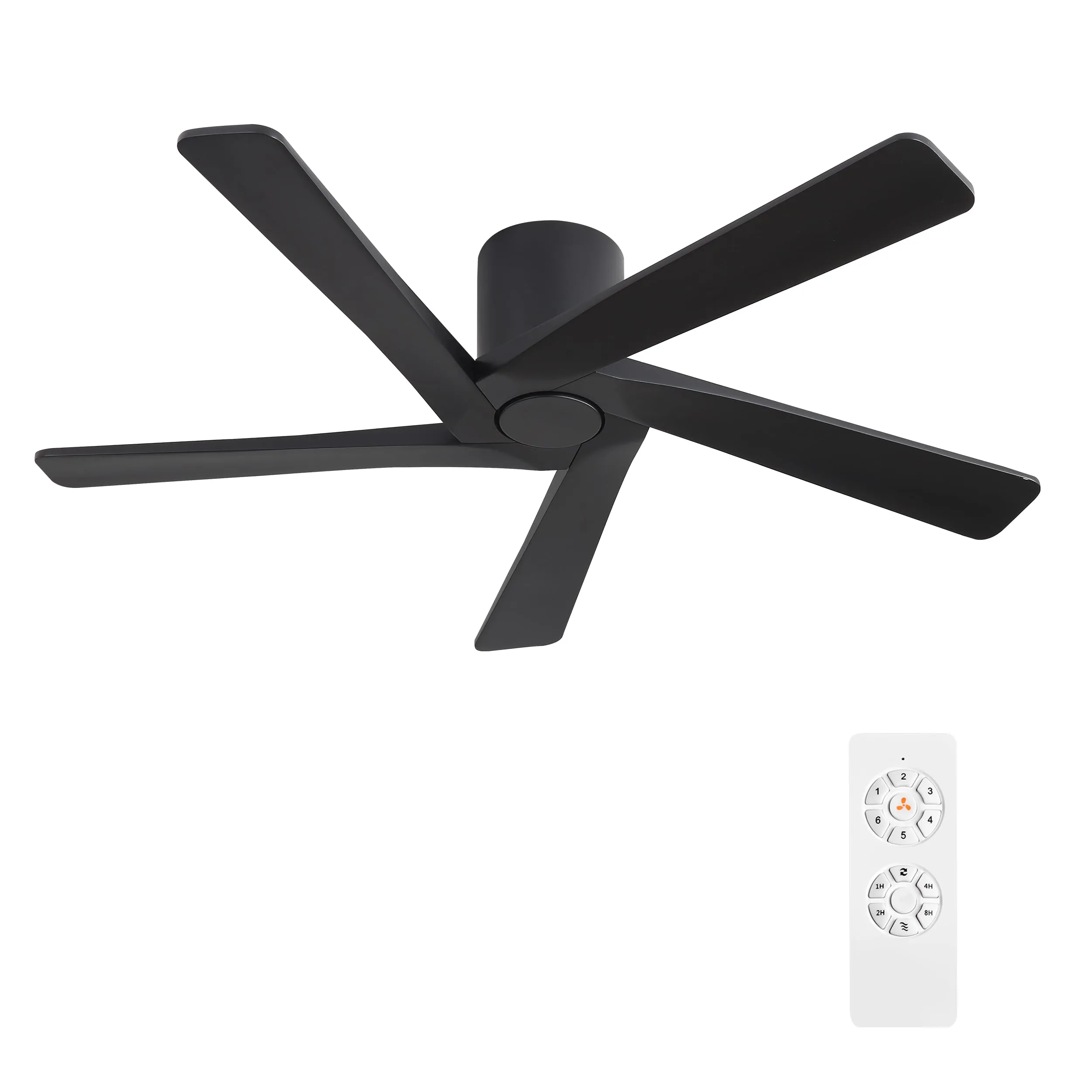 WINGBO 54 Inch Flush Mount DC Ceiling Fans without Lights, 5 Carved Solid Wood Blades, 6-Speed Reversible DC Motor, Low Profile Hugger Ceiling Fan No Lights for Indoor and Outdoor, Matte Black