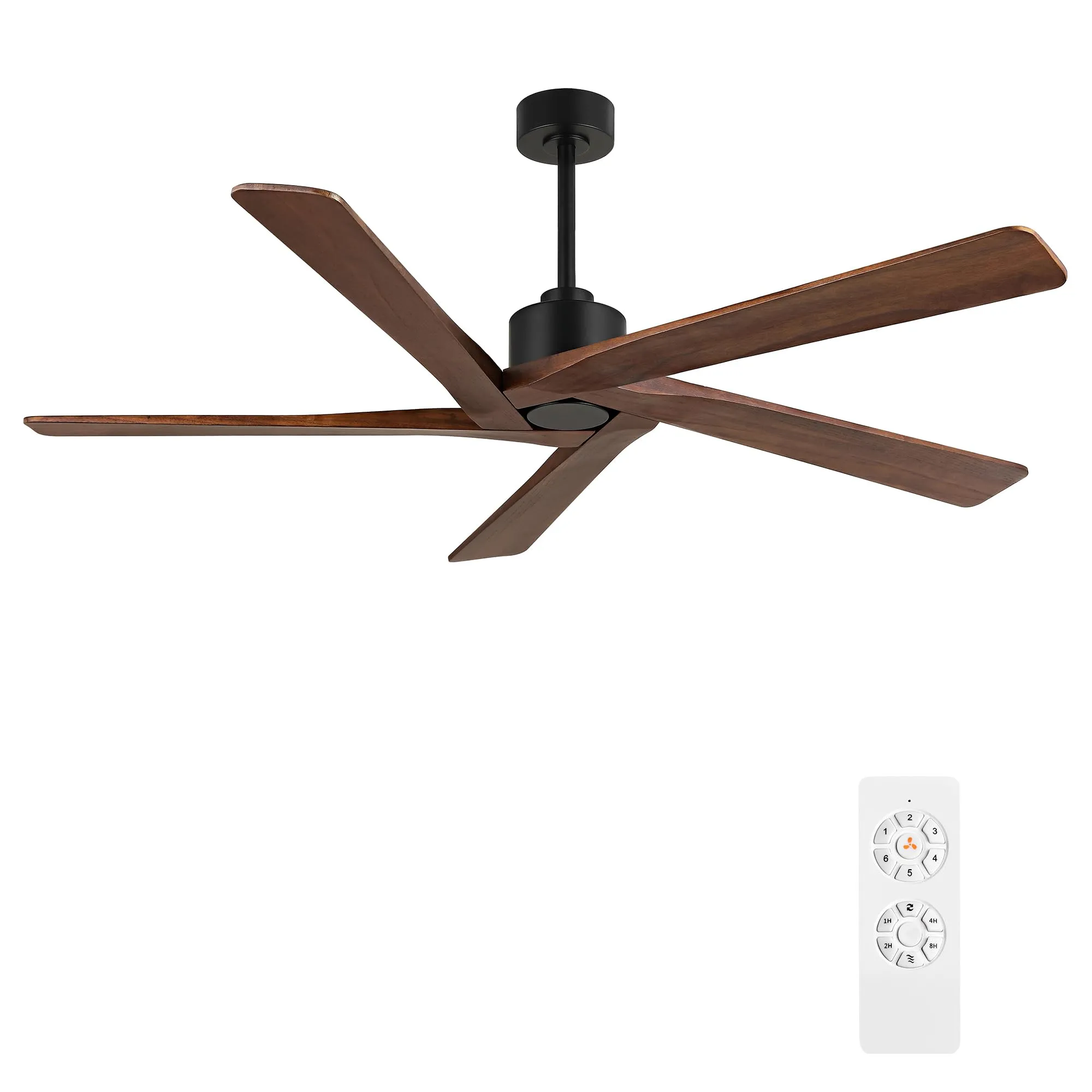 WINGBO 72" DC Ceiling Fan No Light with 3 Downrods, 5 Carved Solid Wood Blades, 6-Speed Reversible DC Motor, Large Ceiling Fan without Lights in Matte Black Finish with Walnut Blades